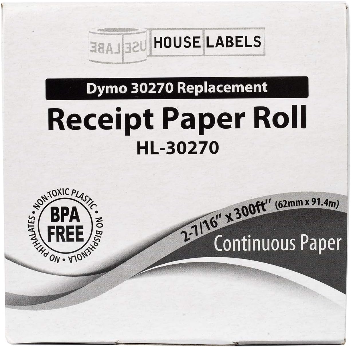HOUSELABELS Compatible DYMO 30270 CONTINUOUS Receipt Paper (2-7/16" x 300 feet) compatible with DYMO LW 450, 4XL, Rollo & Zebra Desktop Printers, 12 Rolls