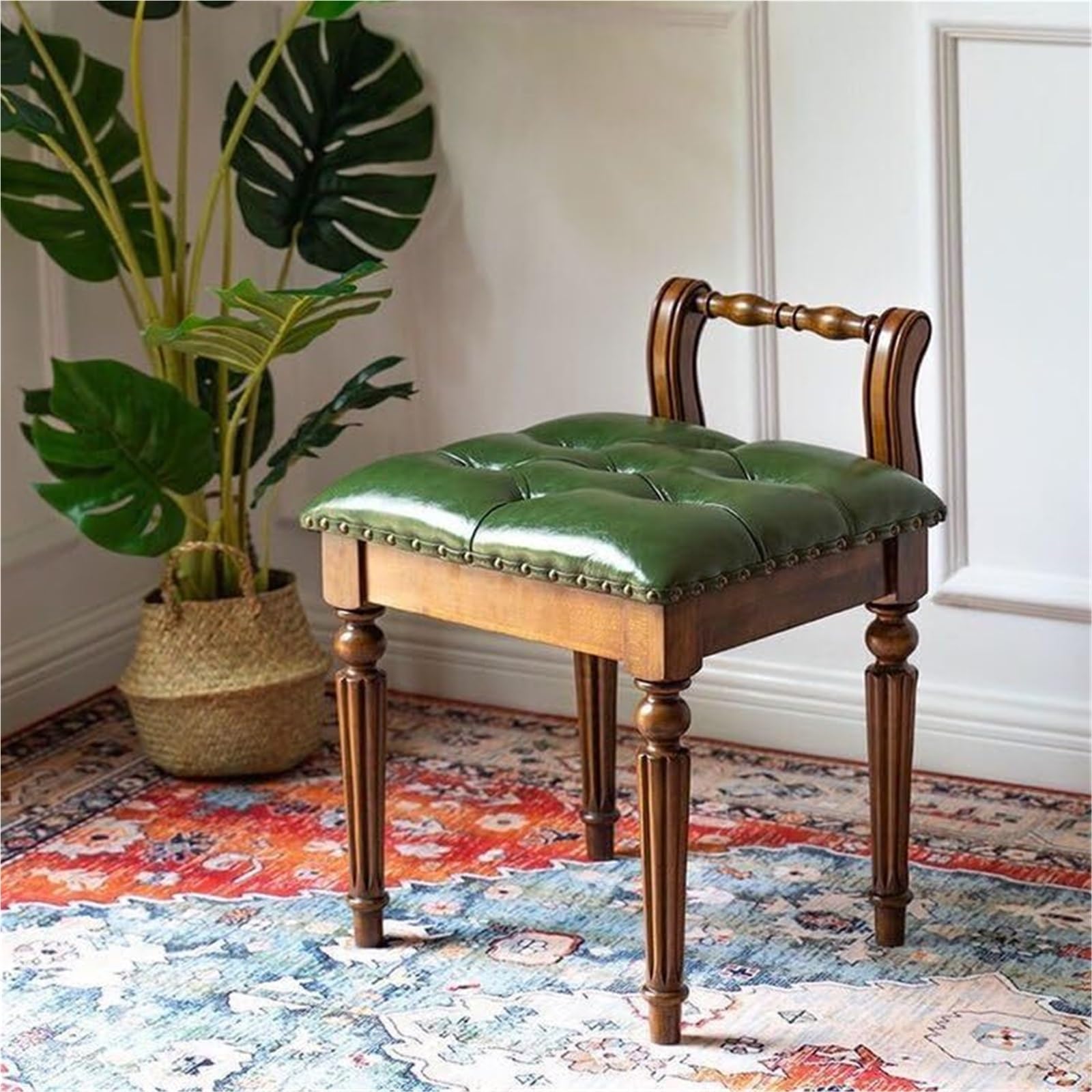 Banc de maquillage rétro vert en cuir avec dossier bas et pieds sculptés VZXATYOP
