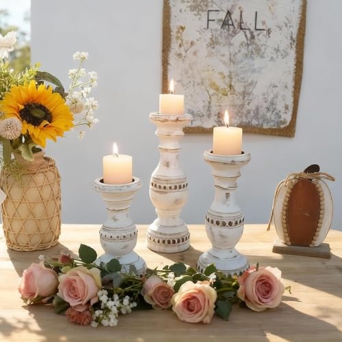 Miniatura 7 de Juego de 3 portavelas para velas de pilar, portavelas de madera maciza de granja, soporte de vela de madera rústica, candelabros de madera pequeños