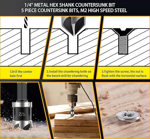 Miniatura 6 de Juego de brocas avellanadas para metal de 5 piezas  Brocas avellanadas de cobalto M2, 5 flautas de 82 grados, vástago hexagonal de 14 de pulgada,