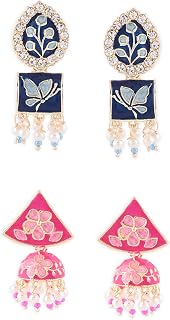 Zaveri Pearls Set of 2 Blue & Pink Meenakari Ethnic Jhumki Earrings For Women-ZPFK15114 Price In India