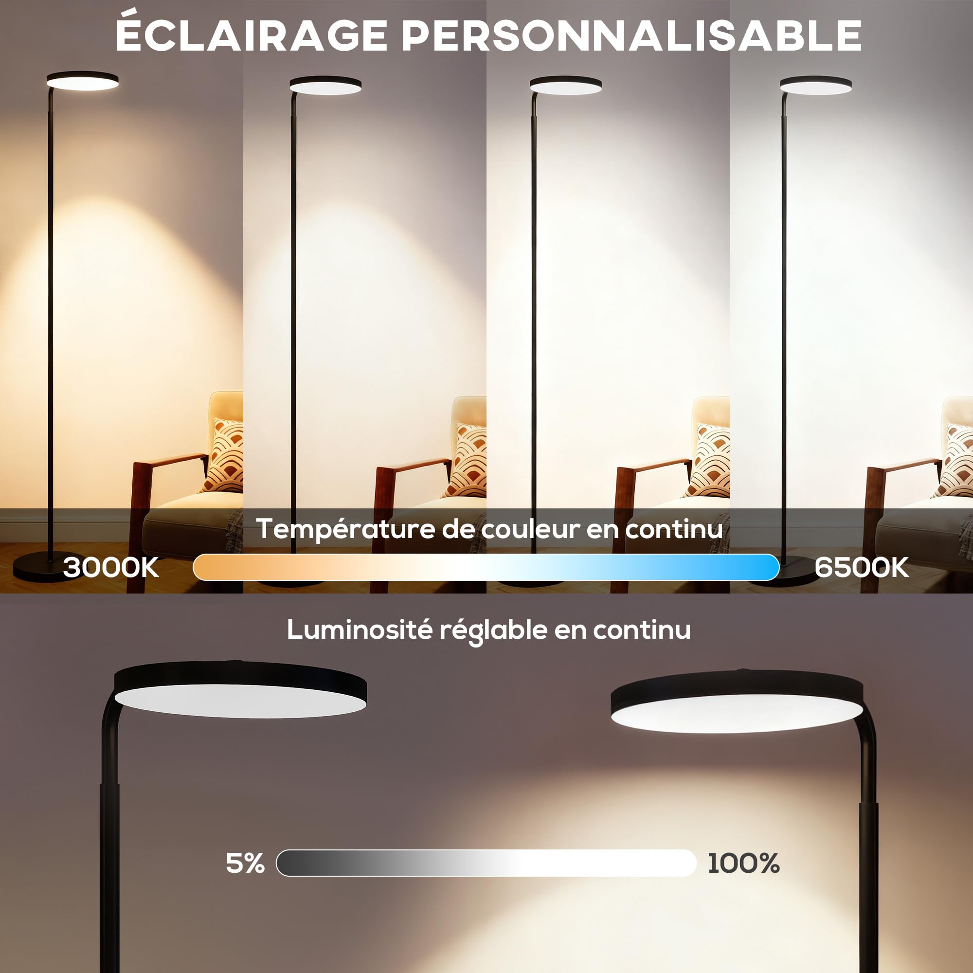 HOMCOM Lampadaire LED sur Pied Salon Intensité Variable Chambre Noir