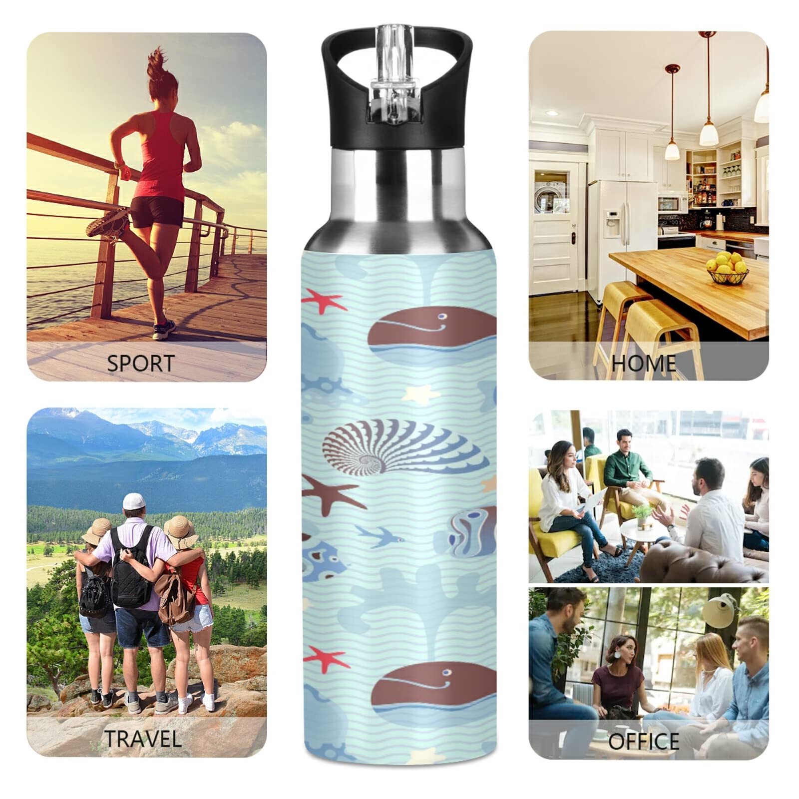 Mnsruu Delphin Edelstahl-Trinkflasche Mit Strohhalm – 600ml, Isoliert, BPA-frei Für Sport, Schule & Outdoor