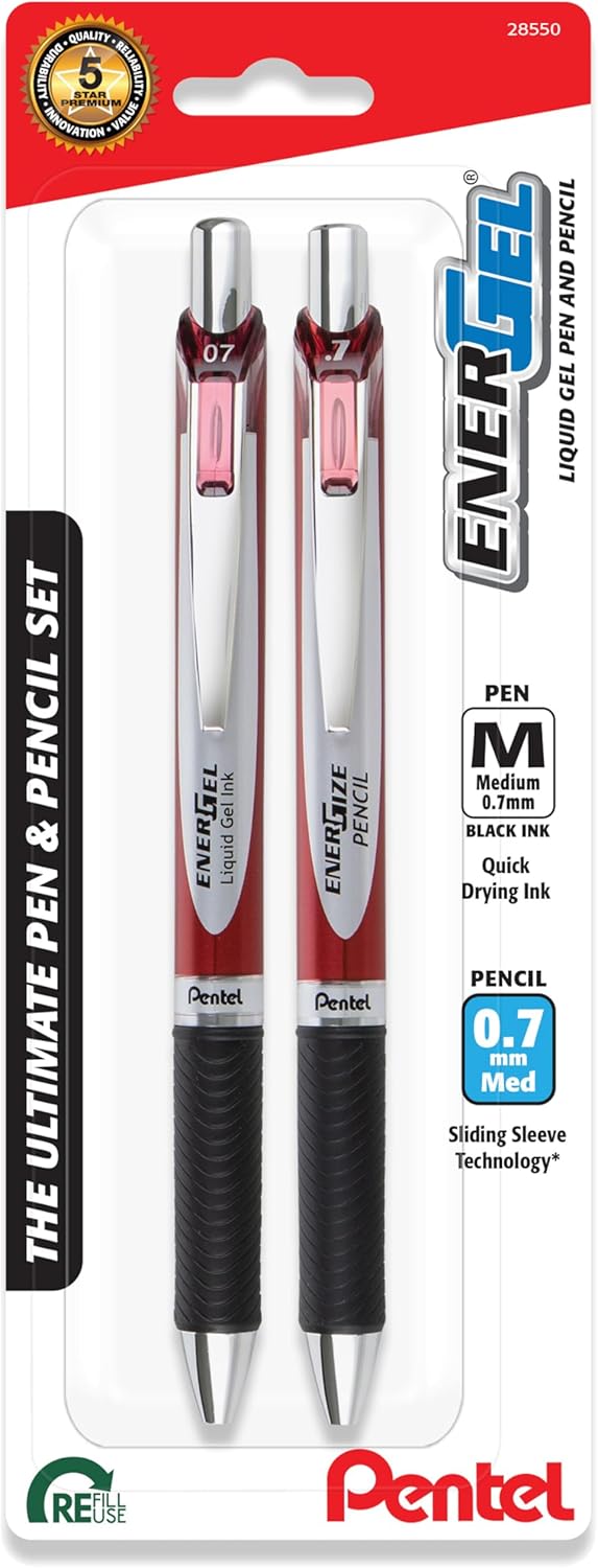 Pentel EnerGel RTX Gel Pen and EnerGize Mechanical Pencil Set, (0.7mm), Burgundy Barrel, Black Ink, HB Lead (BLPL77XBP2BG)