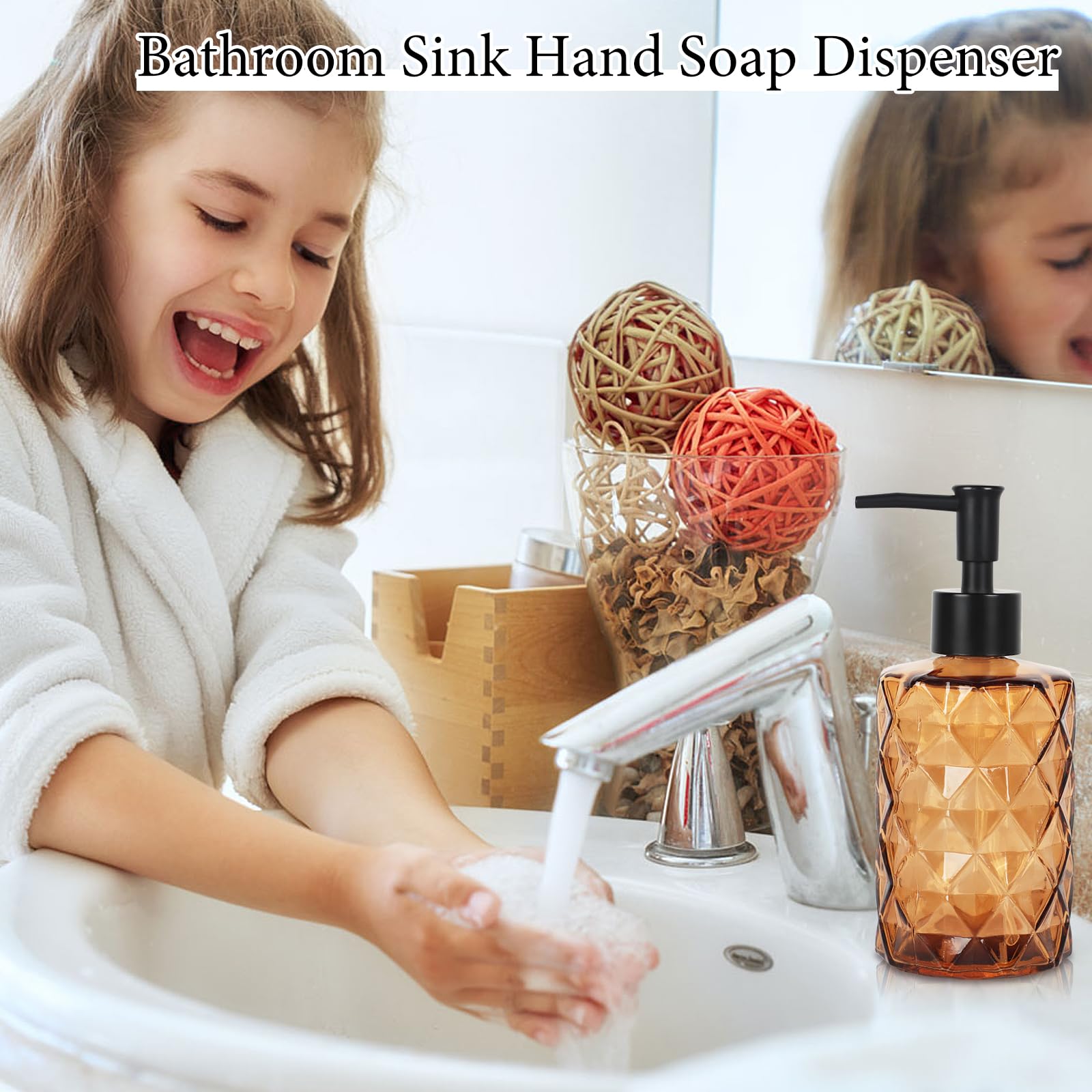 Dispenser di sapone in vetro ambrato, confezione da 2, per bagno, 350 ml, trasparente, per mani e piatti, con pompa, per cucina