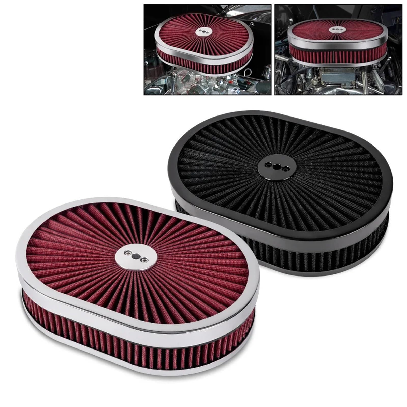 Filtro de aire para moto Compatible con Chevy Compatible Ford Conjunto de filtro limpiador aire ovalado alto flujo cromado 12 "x 2" Cuello carburador 5-1/8 "con tapa(Red)