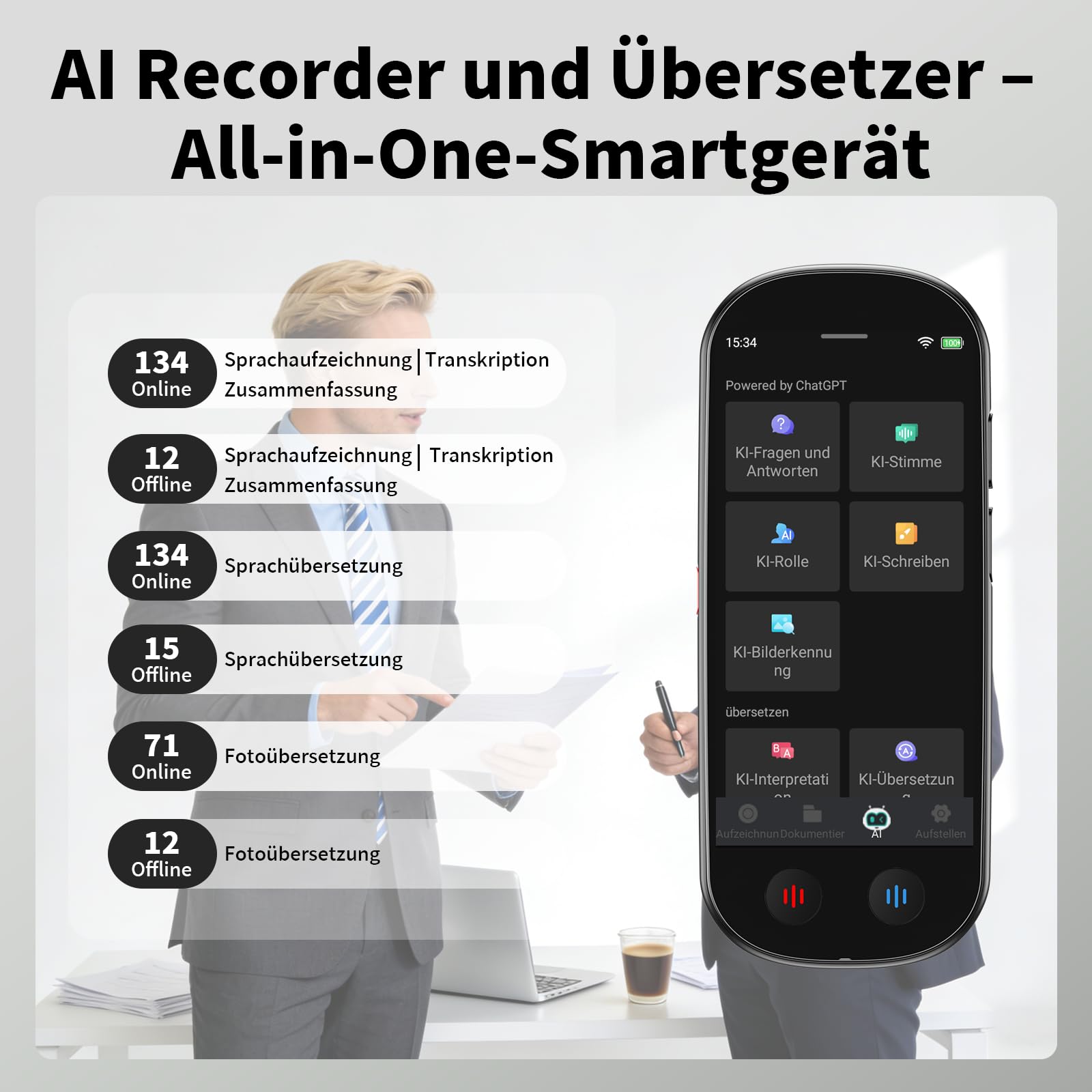 Note AI Digitales Diktiergerät mit Playback,80GB aufnahmegerät Unterstützt kostenlose Online-Transkription, Zusammenfassung und Übersetzung in 134 Sprachen,Voice Recorder Für Meetings/Vorlesungen
