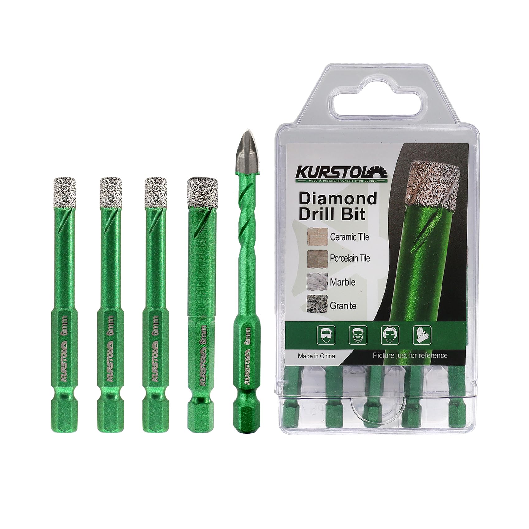 Diamond Drill Bits Set - KURSTOL 6/6/6/8mm+6mm Tile Drill Bit for Porcelain Tile Ceramic Granite Marble Stone, Quick-fit Hex Shank