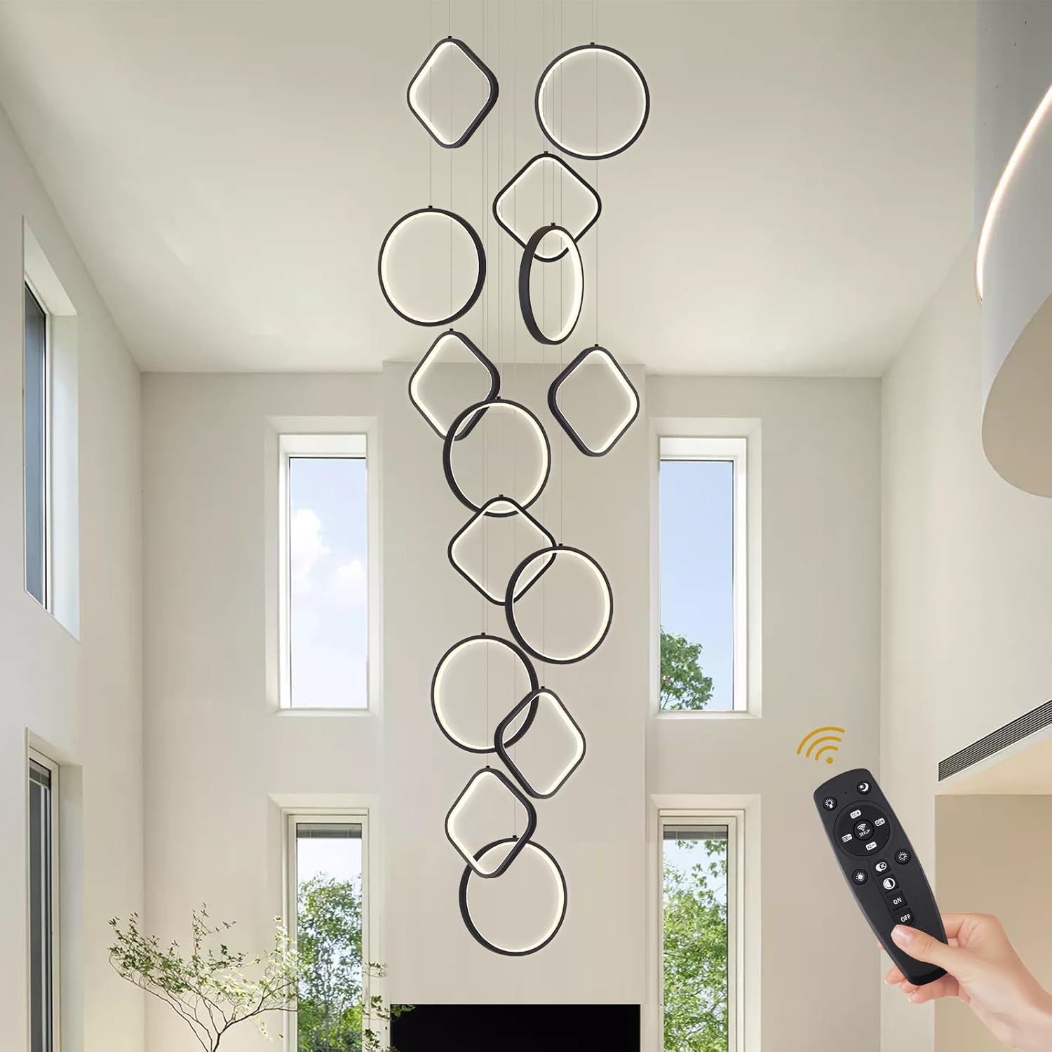 Modern Black Chandelier 14-Light LED Chandelier for High Ceiling Dimmable Foyer Lighting Fixtures with Remote Control Large Ring Chandelier for Staircase Living Room Entryway, 3000-6500k Black 14 Lights