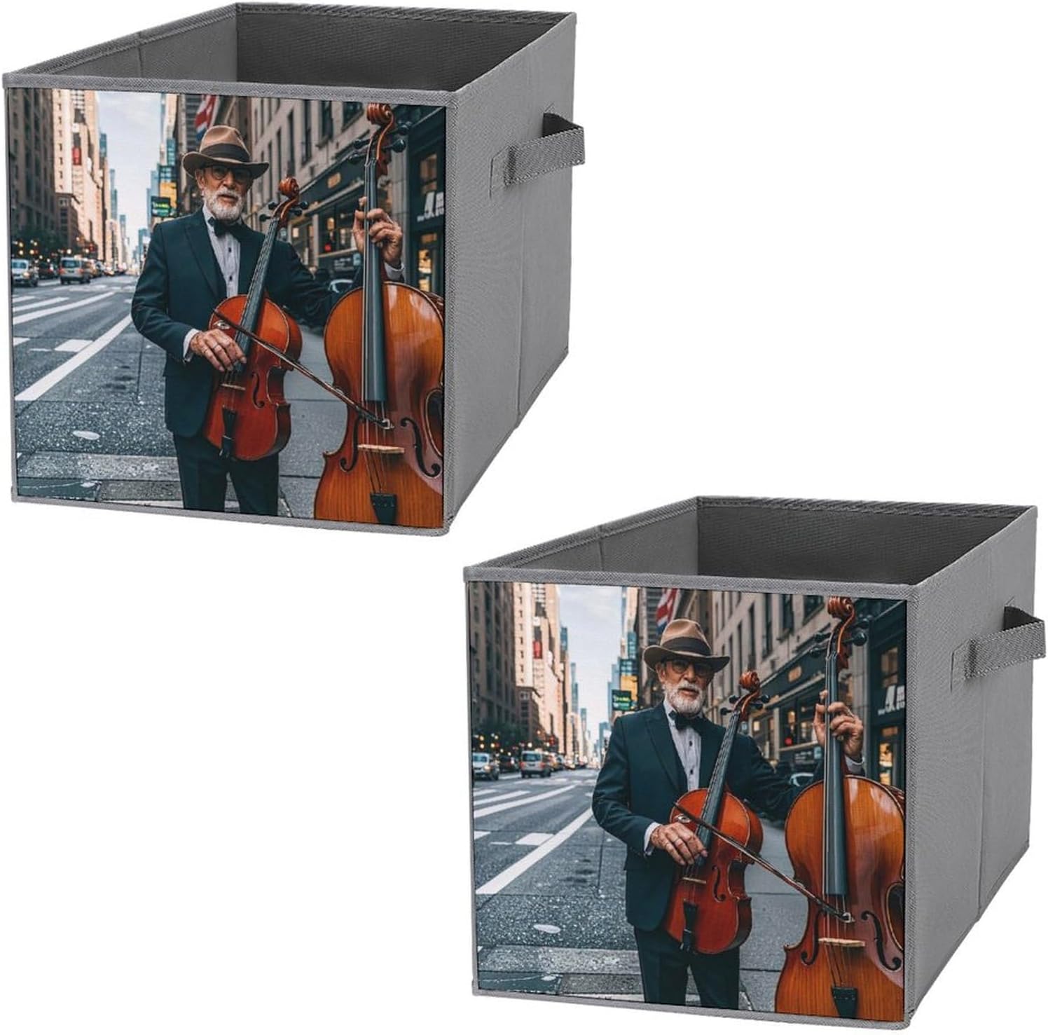 Street Singer And Double Bass Player Foldable Storage Box with Handles, Durable Oxford Storage Cubes, 2PCS Collapsible Closet Organizer for Home, Shelf, Office, Travel