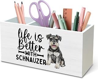 DILSJ Schnauzer Gifts Pen Pencil Holder Organizer For Desk, Dog Mom Dad Lovers Owner Gifts For Women Men, Life Is Better With Schnauzer Wooden Box Signs For Home Office Desk Tabletop Decoration
