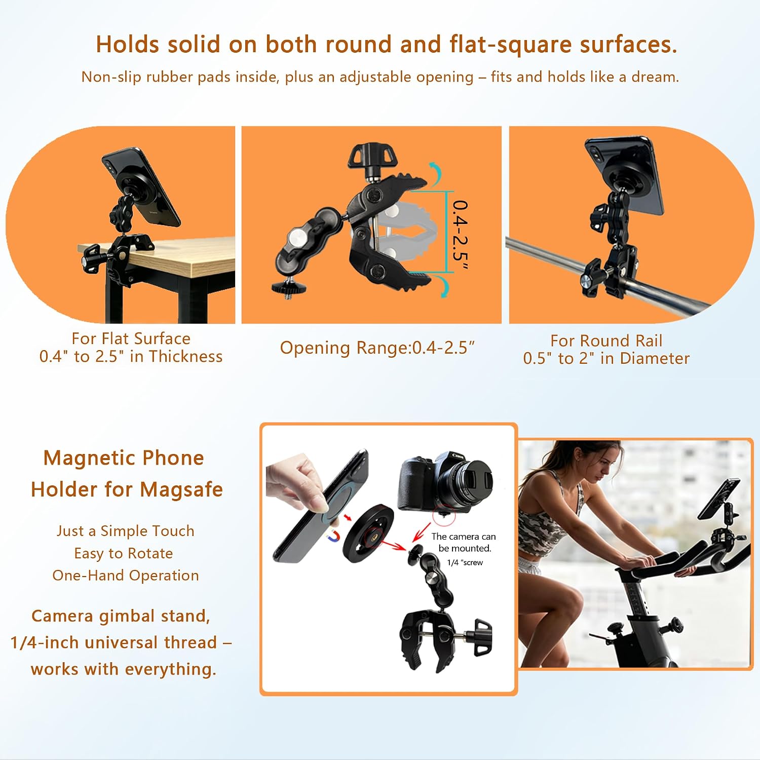 All-Metal Magnetic Phone Holder for MagSafe | Magnetic Phone Mount Super Clamp for SpinBike/Microphone Stand/Action Cameras/Guitar, Compatible with iPhone 17-13 Series