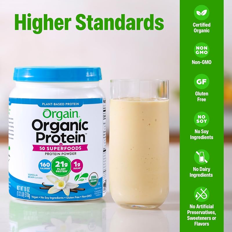 Orgain Organic Vegan 21g Protein + Superfoods Powder, Vanilla Bean, 1.12lb | Plant based protein, 50 superfoods, 8g prebiotic fiber, gluten free, no added sugar, non-GMO, no lactose ingredients image 3