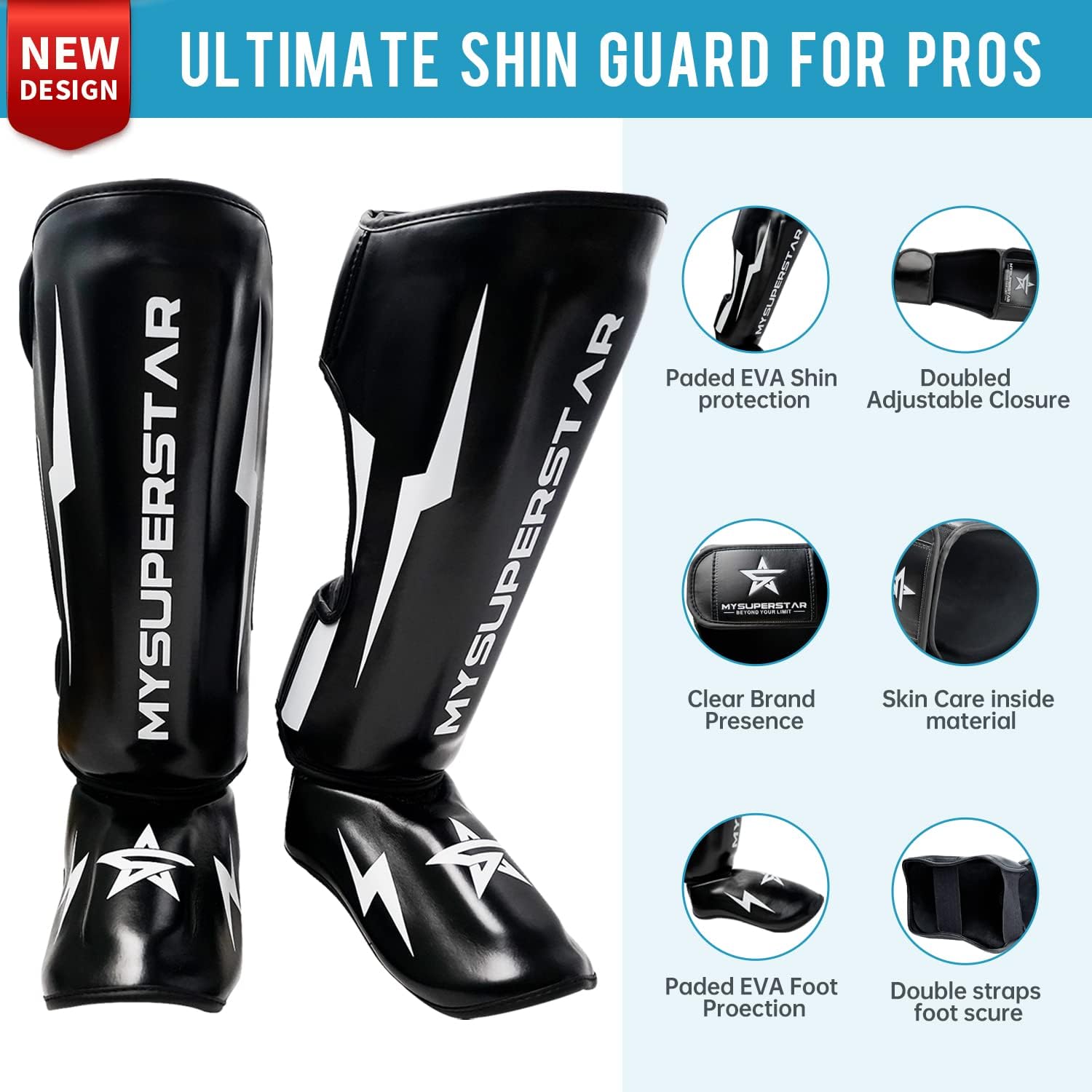 MYSUPERSTAR Ultimate Shin Instep Guard for Martial Arts Muay Thai Sparring Kickboxing MMA UFC Training and Fighting, Extra Foam Pads for Youth Man Women Equipment : Sports & Outdoors