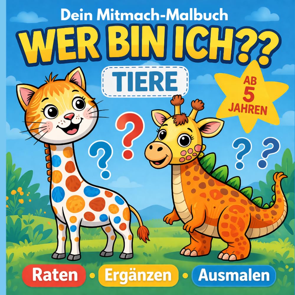 Malbuch Kinder ab 5 Jahren: Wer bin ich? Tiere – Raten, Ergänzen & Ausmalen: Kreativer Rätselspaß und Beschäftigung für Mädchen und Jungen – Mitmachbuch und Geschenkidee für Kinder