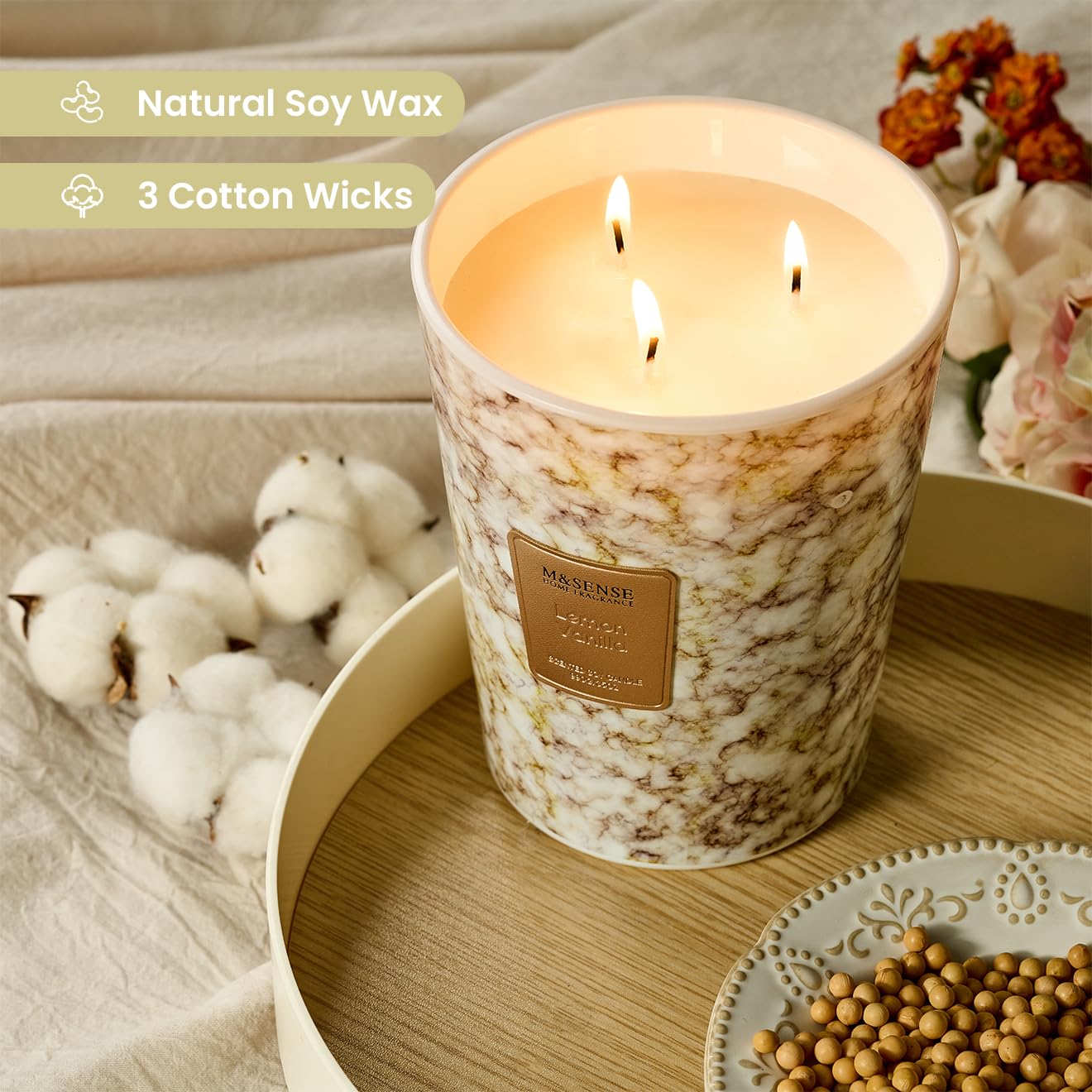 M&SENSE 990 g Vela aromática grande | Velas perfumadas de limón y vainilla en tarro | Velas naturales de cera de soja | Regalo para mujeres y hombres, Navidad|150 h de combustión y 3 mechas, Home