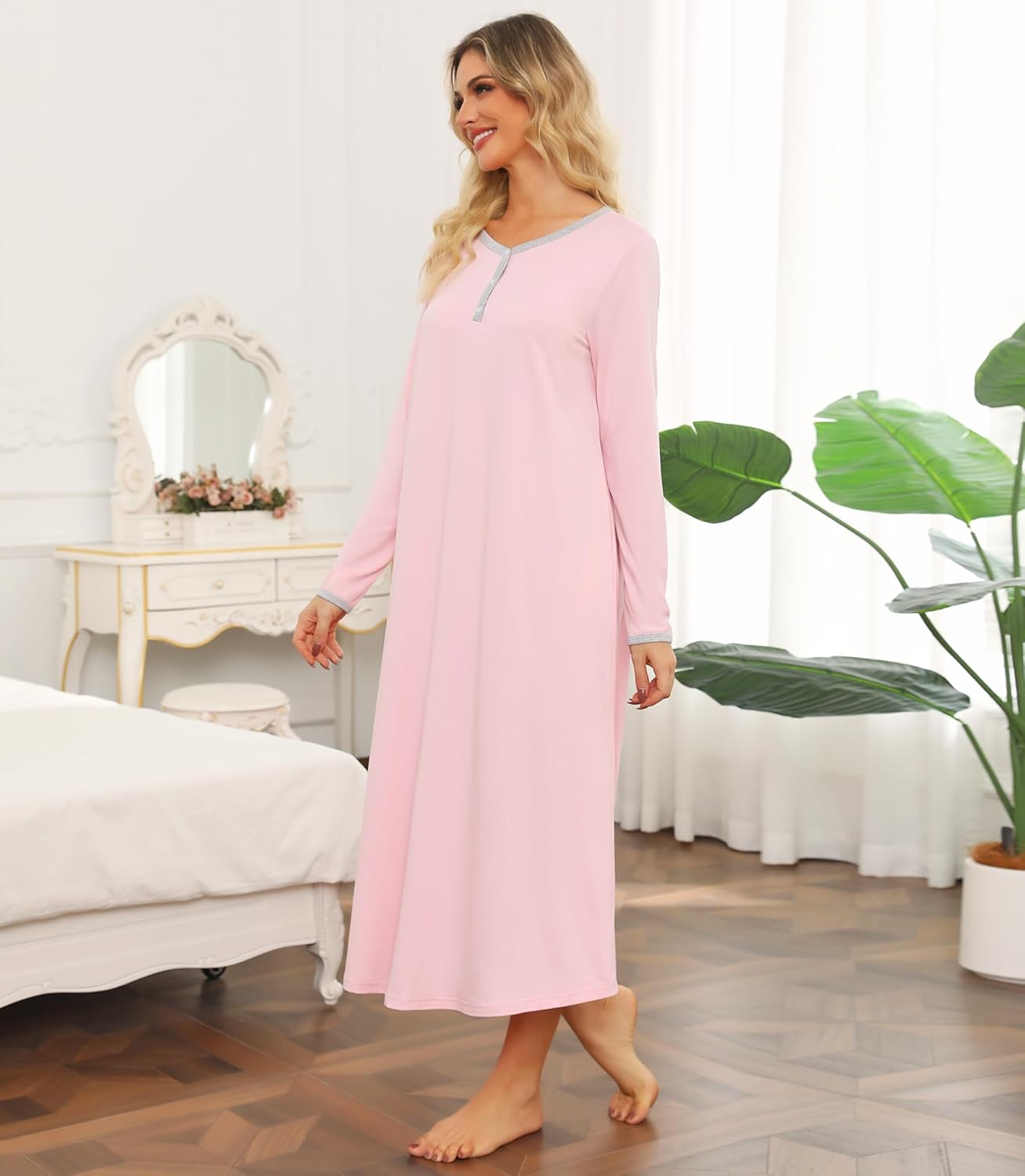 ENJOYNIGHT Womens Long Sleeve Nightgown V Neck Lounge Nightshirt Button Down Sleep Dress with Pockets - Image 4