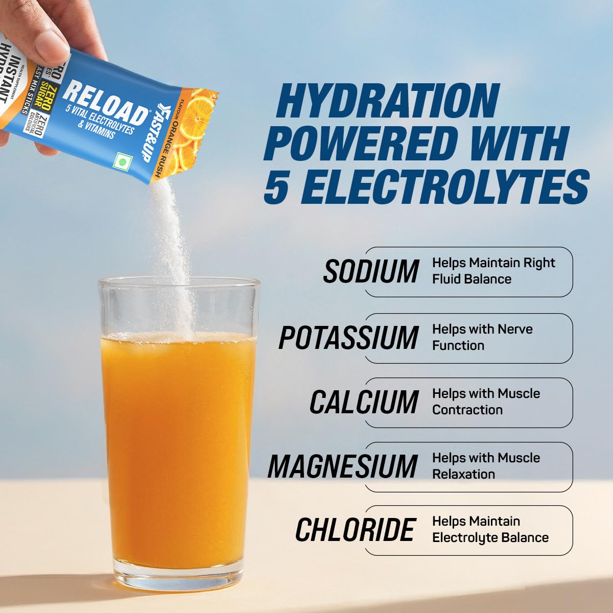 Fast&Up Reload Electrolytes Powder Sachets | Zero Added Sugar Hydration Drink with 5 Essential Electrolytes Vitamin C & B12 | Summer Heat, Workout Recovery, Travel & Wellness | Orange Rush, Pack of 15 Sachets 2