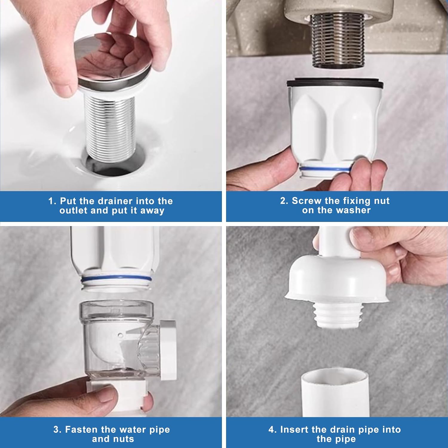 Bathroom Sink Drain Kit Flexible Expandable P-Trap Sink Drain Pipe for 1-1/4" to 1-1/2" Drain Hole Snappy Trap with Built-in Anti-clogging Stopper