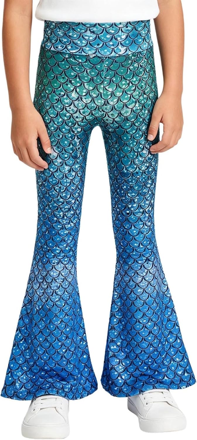 Kids Girls Flare Leggings Fish Scale Printed High Waist Long Pants for Yoga Tranning