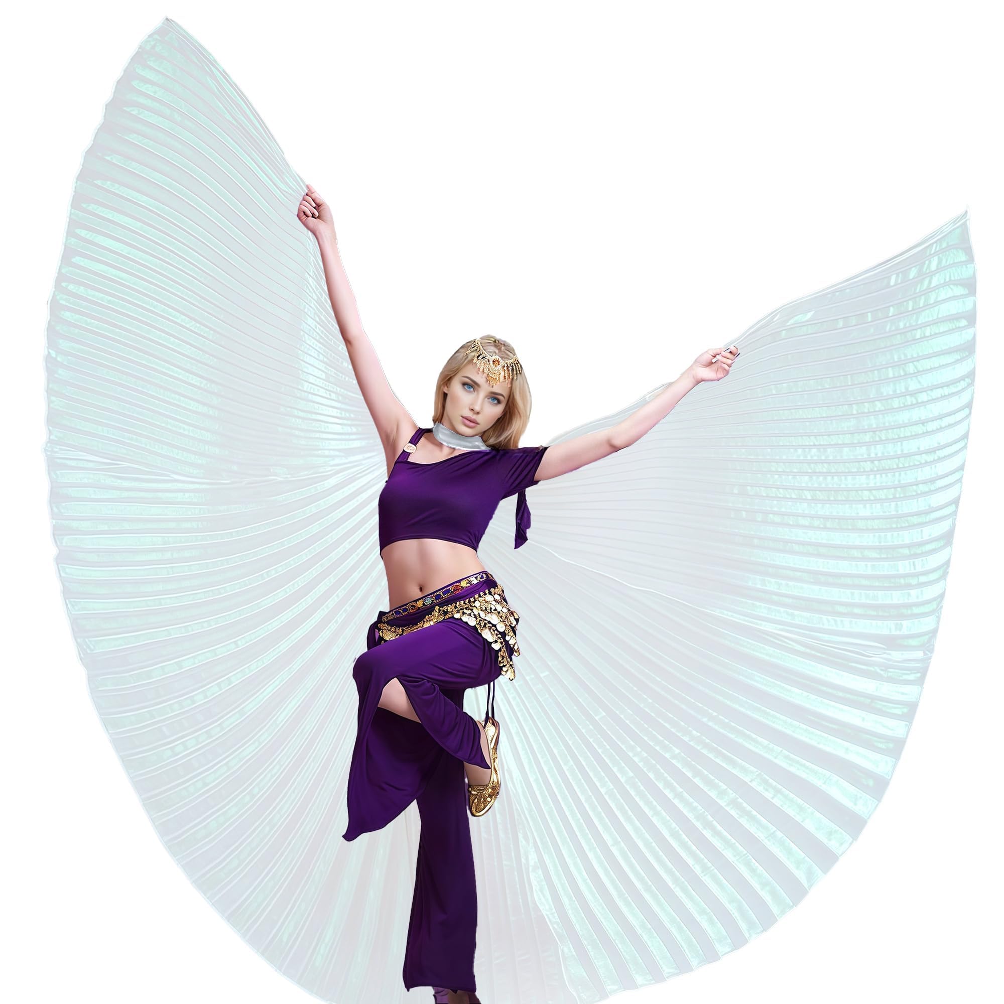 Wuchieal Women's Fairy Butterfly Isis Angle Wings & 2 Sticks Belly Dance Costume(white)