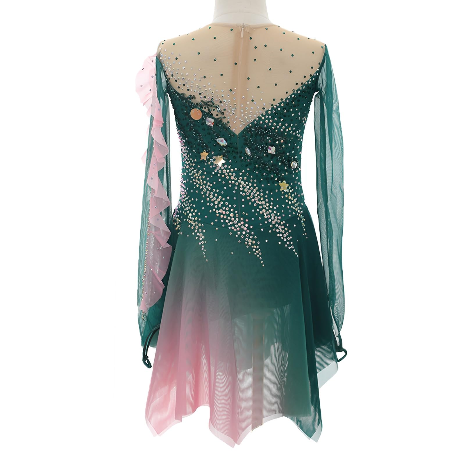 Kmarouse Women Figure Skating Dress with Rhinestone Accents, Long Sleeve Professional Competition Dress for Girls(4X-Large) Green