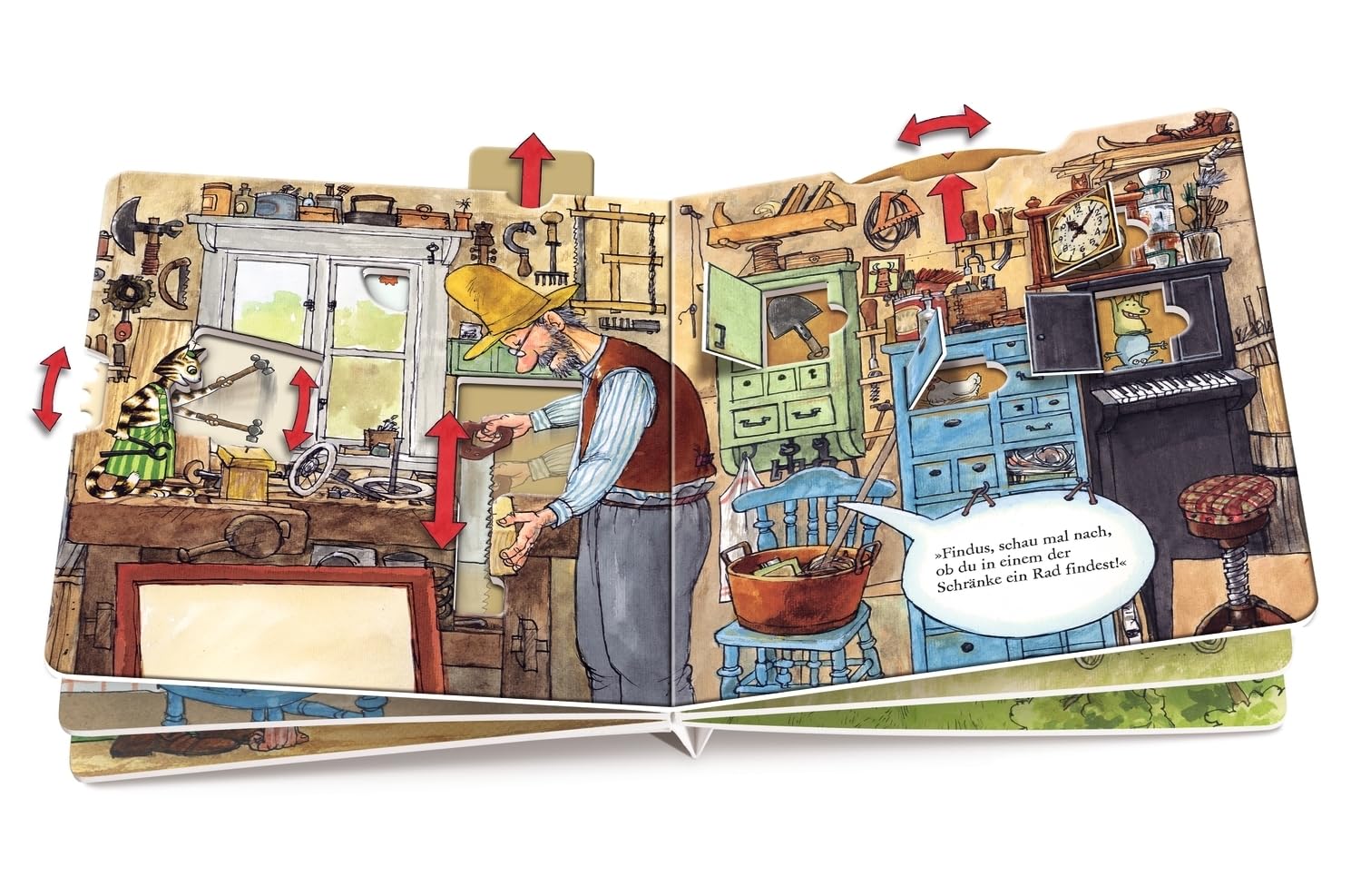 Pettersson und Findus bauen ein Auto: Pappbilderbuch ab 2 Jahren mit vielen Klappen, Schiebern & Drehrädern