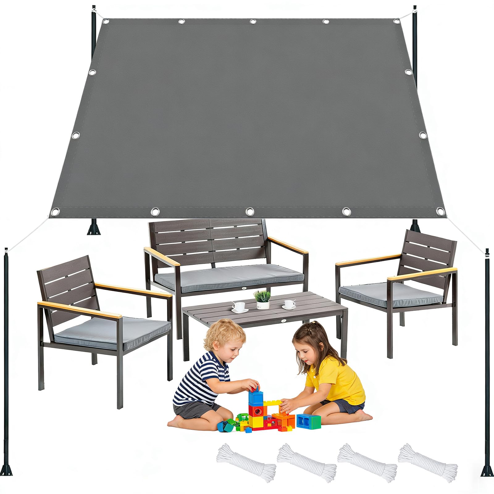 Sonnensegel Rechteckig 400 x 450 cm Sonnenschutz, Wetterschutz Segel Baldachin, PES mit 98% Uv-Schutz, Reißfest, Balkon Sonnensegel Leinwand für Terrasse, Garten, Camping, Hellgrau
