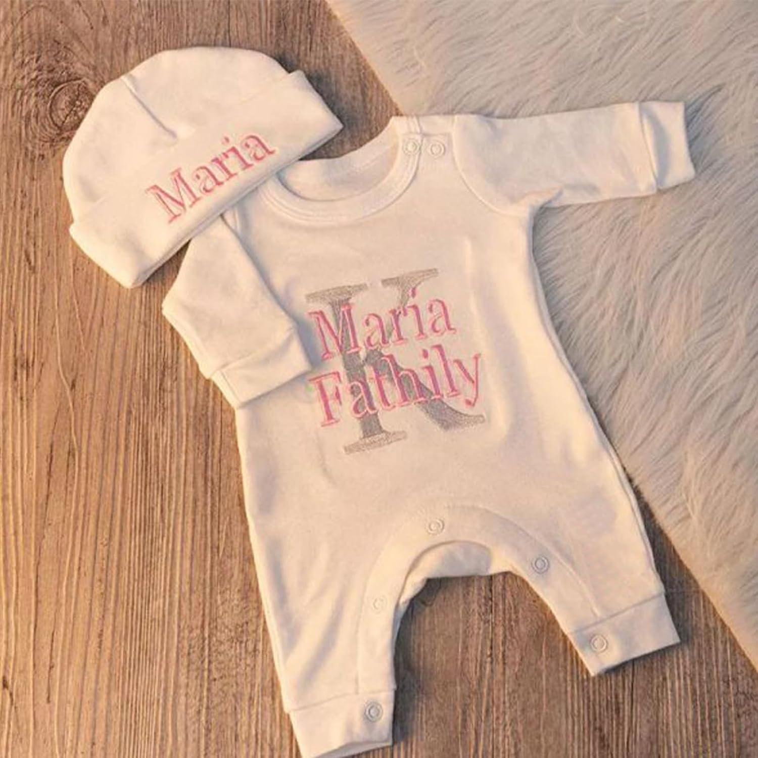 Personalized Sleeper Baby Coming Home Outfit, Custom Newborn Romper with Beanie Monogrammed Outfit Embroidery Oatmeal Sleeper with Footies Baby Shower Gifts Christmas Gifts (StyleA)
