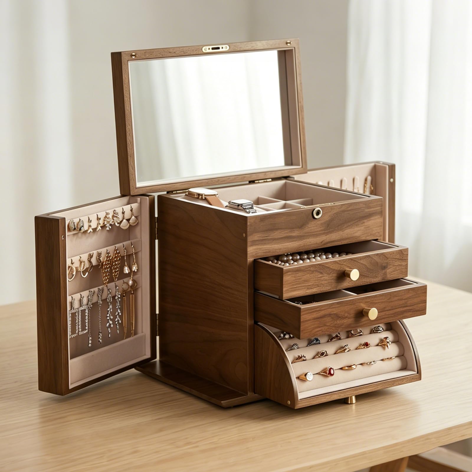Vintage Schmuckkästchen aus Holz 4 Ebenen Schmuckaufbewahrung Schmuckkasten Groß Schmuckschatulle Massivholz 3 Schubladen Schmuckbox mit Spiegel für Damen Schmuck Ringe Ketten Armbänder