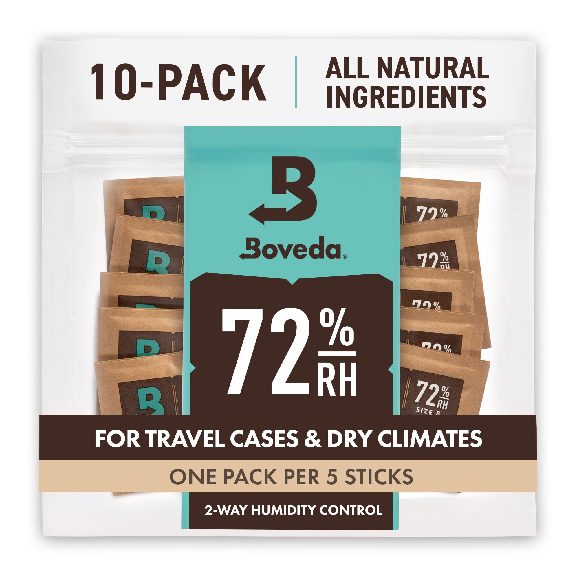 Boveda 72% Two-Way Humidity Control Packs For Storing Up to 5 Items – Size 8 – 10 Pack – For Small Wood & Leather Travel Cases – Moisture Absorbers – Humidifier Packs in Resealable Bag
