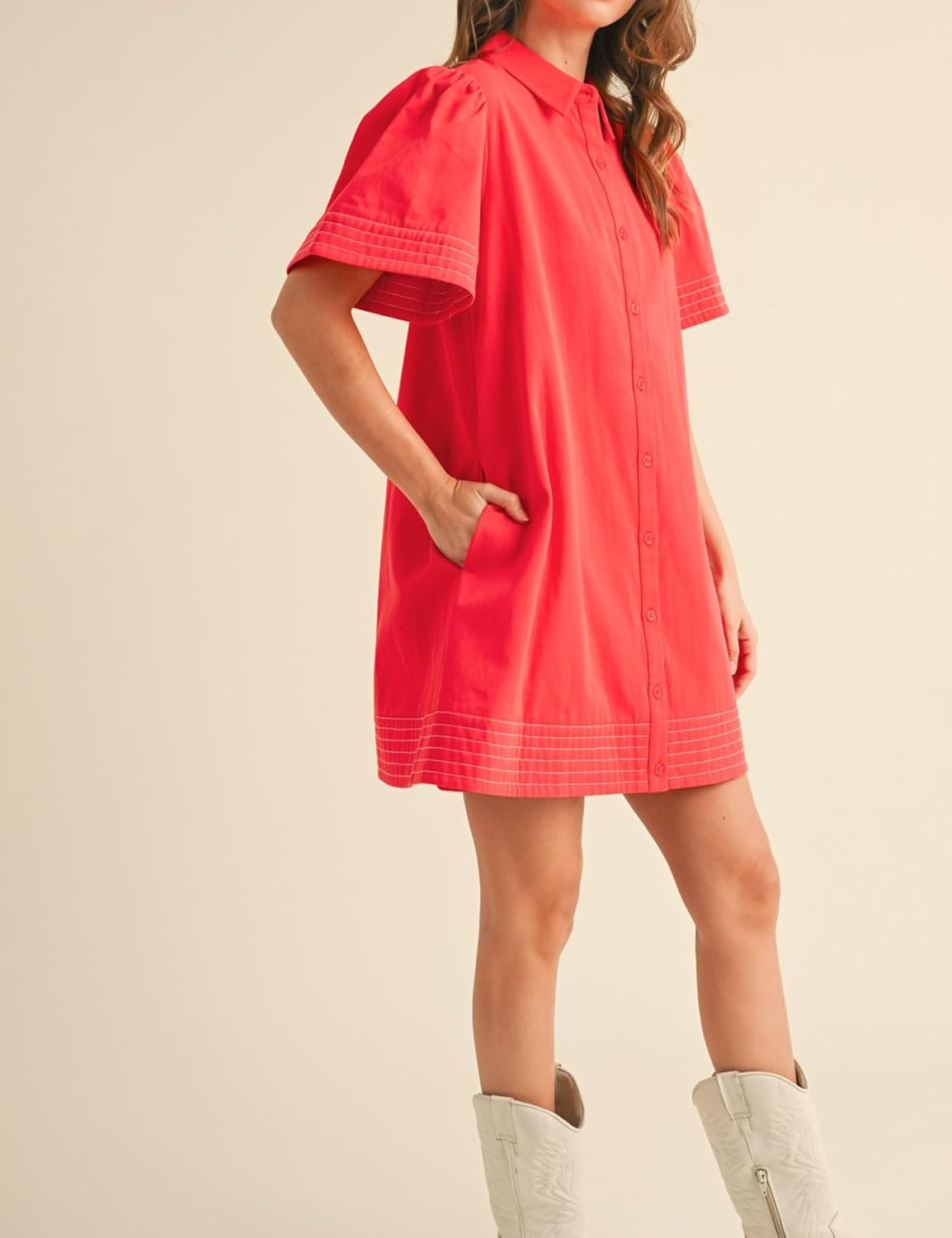 Womens Short Sleeve Button Down Mini Shirt Dress Lapel Collar Short Dresses with Pocket - Image 3