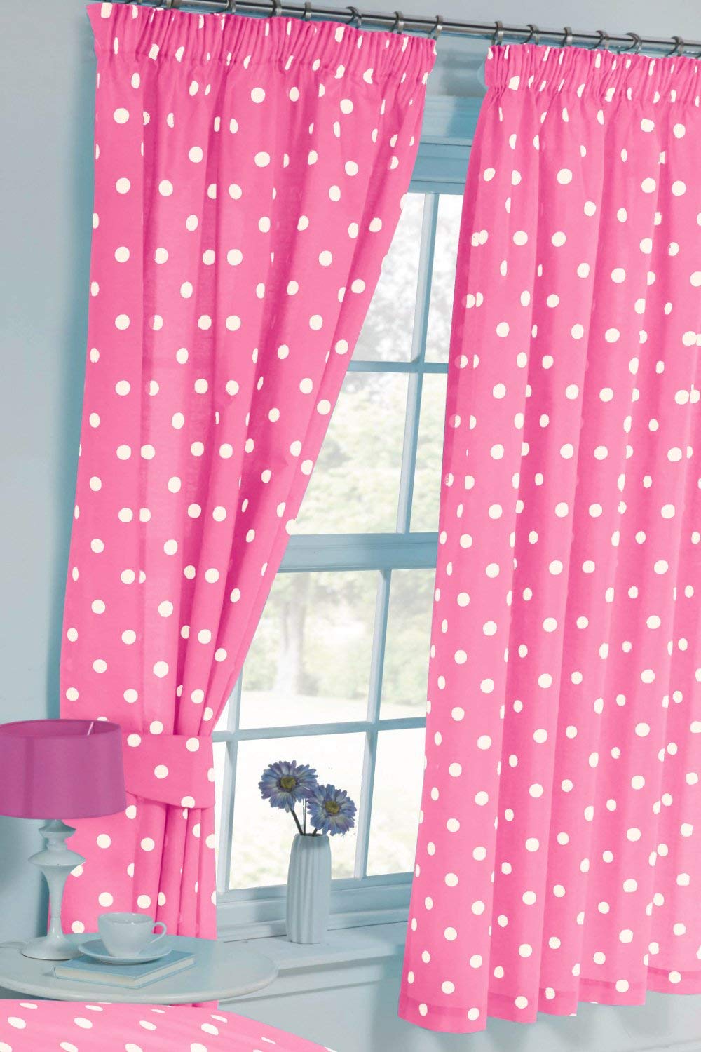 My Home 66"x72" Polka Dot Pink/White, Curtains + Matching Tie-Backs, Modern Spot Dot Design