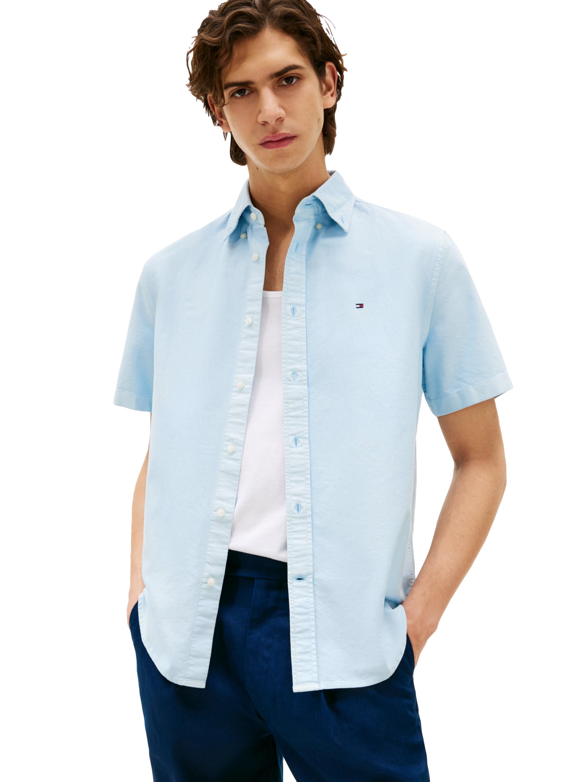 Tommy Hilfiger Men's Breezy Blue Short Sleeve Oxford Shirts In Regular Fit, Button Down Shirts, Xs