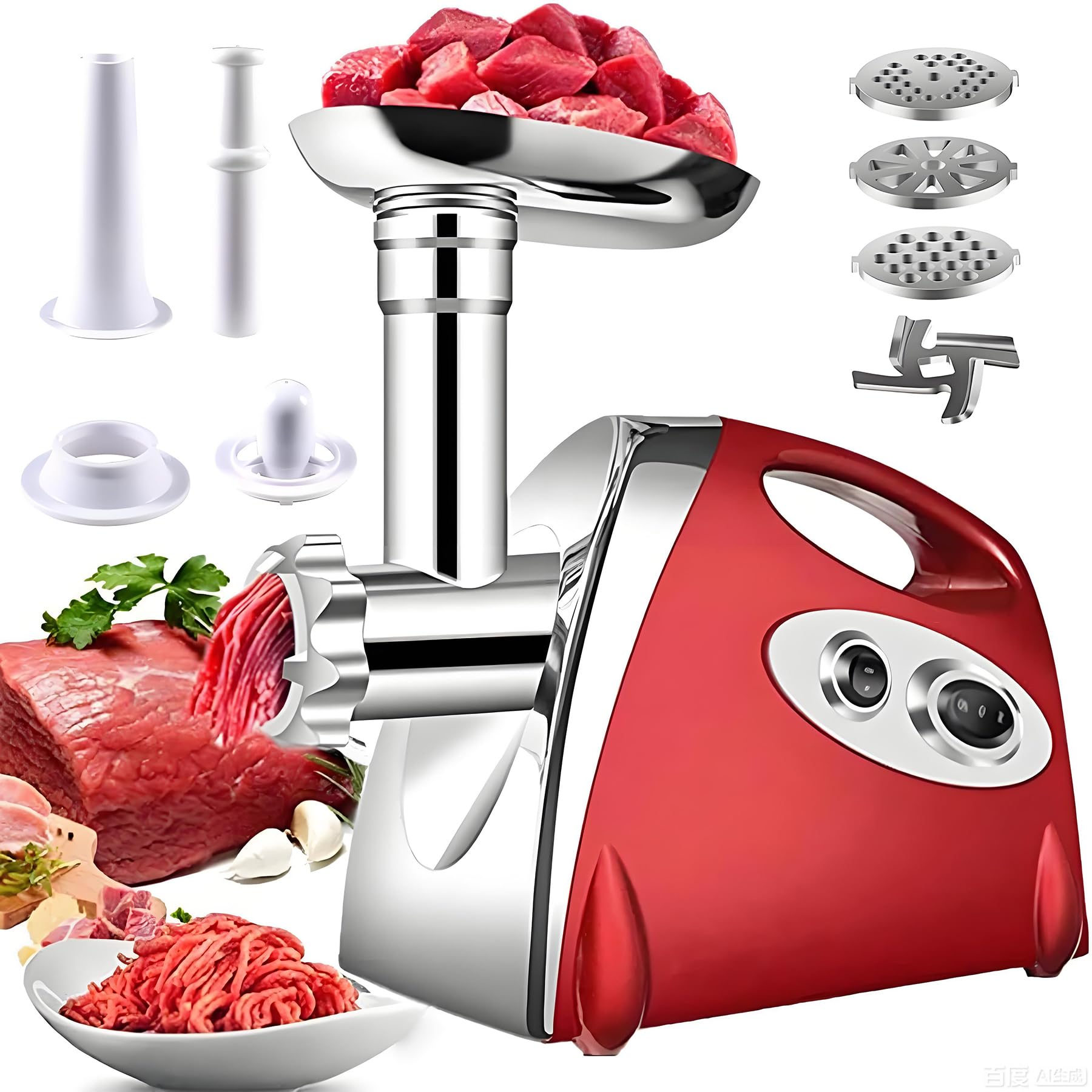 BenRich 2800W Electric Meat Grinder, Meat Mincer with Sausage Stuffer & Kubbe Kit, Copper Motor, 3 Grinding Plates, Easy to Clean Heavy Duty Minching Machine for Home Kitchen Burger Beef Pet Food, Red