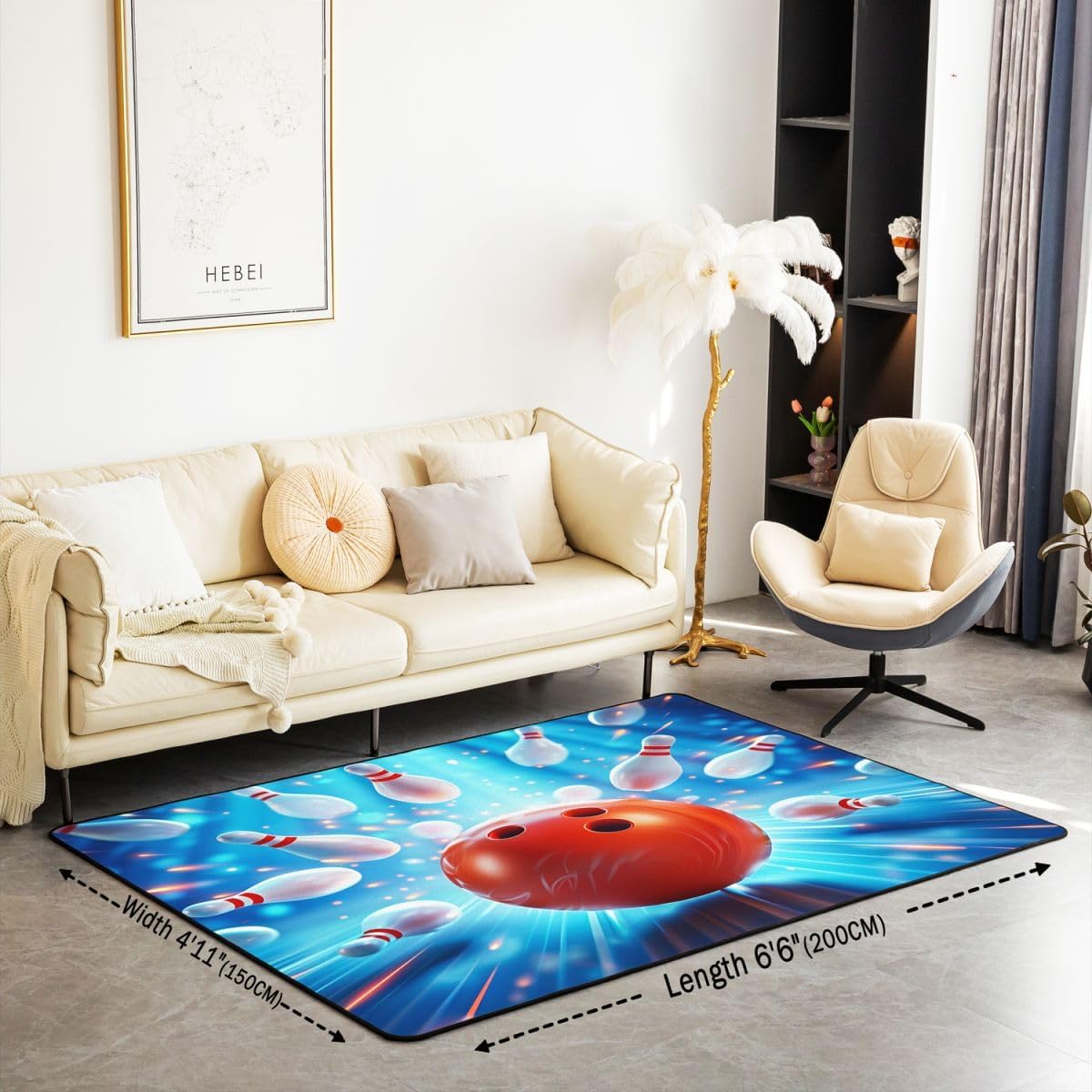 Erosebridal Neon Bowling 3 X 5 Area Rug,Bowling Pins Living Room Rugs,Dreamy Sport Decorative Carpet Sports Balls Indoor Floor Mat