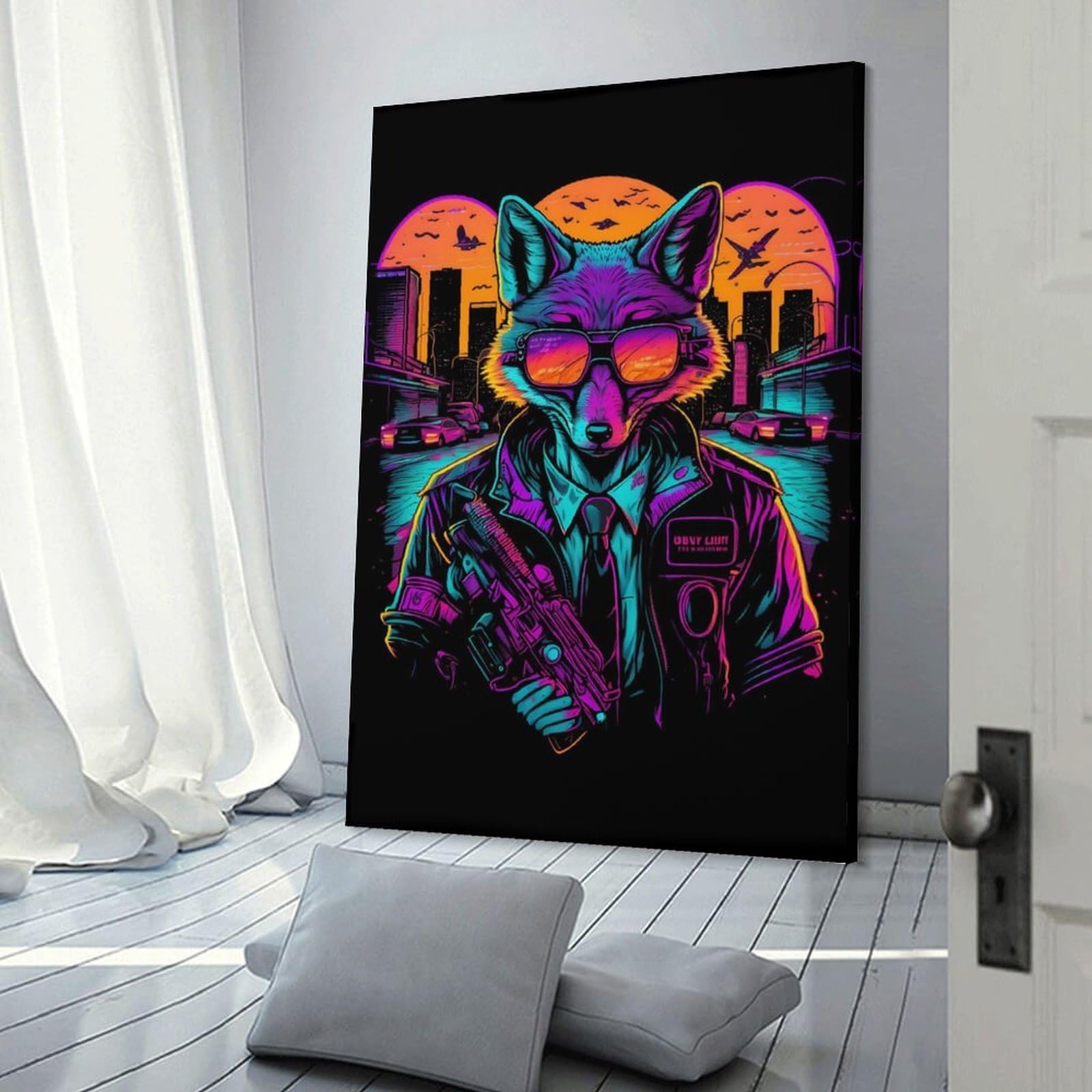 Junmoney Tableau Décoratif Avec Cyberfox in Neon Cityscape Pour Le Séjour Et La Chambre, Décoration Intérieure Pour La Maison, 16x24inch(40x60cm)