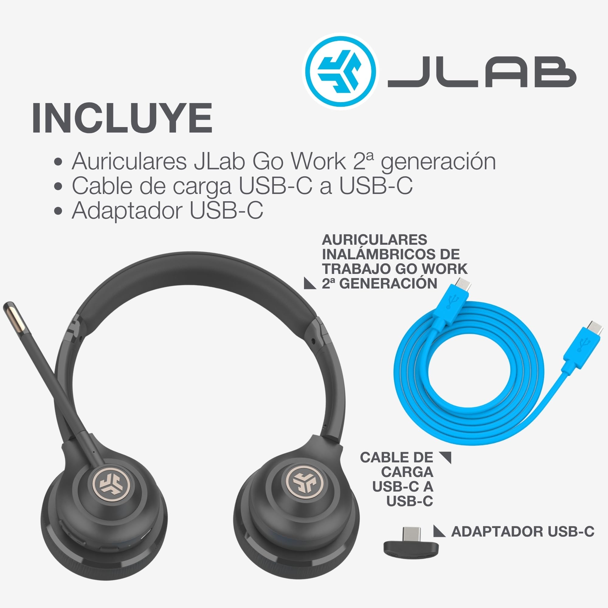 JLab Go Work - Auriculares Inalámbricos de 2ª Generación con Micrófono, Más de 55 Horas de Reproducción Bluetooth o USB-C Dongle PC, Conexión Multipunto a Computadora y Móvil