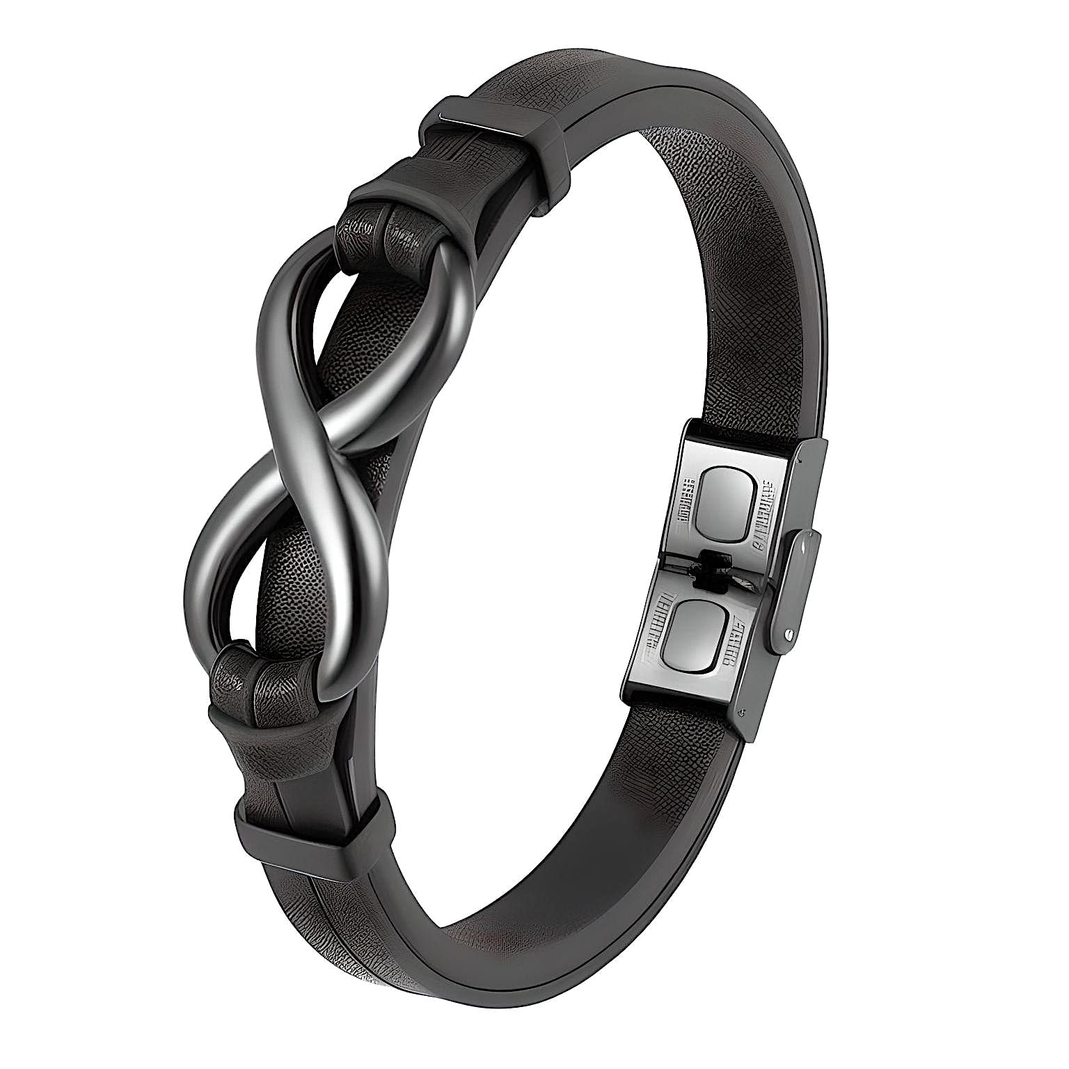 INFINITY 8 BLACK - Genuine Leather Double Layer Bracelet with Stainless Steel Hook for Men & Boys (8 inch)