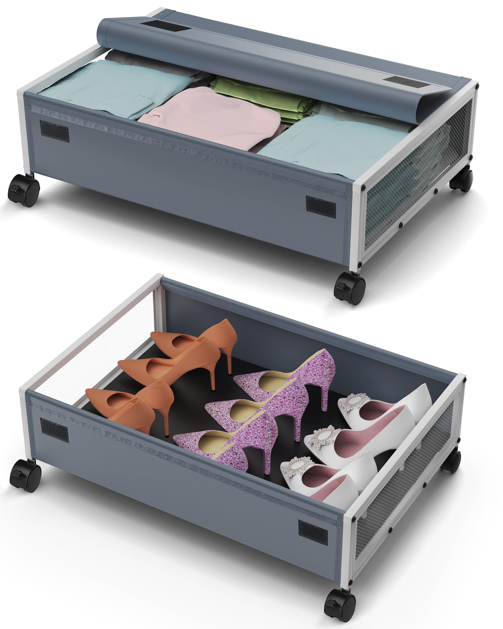 Photo 1 of MixcMax Under Bed Storage with Wheels - Rolling Underbed Storage Containers with Lid, Metal Under Bed Shoe Storage Organizer Drawer, Underbed Storage Bins for Clothes Toys Books (2 Pack, White)