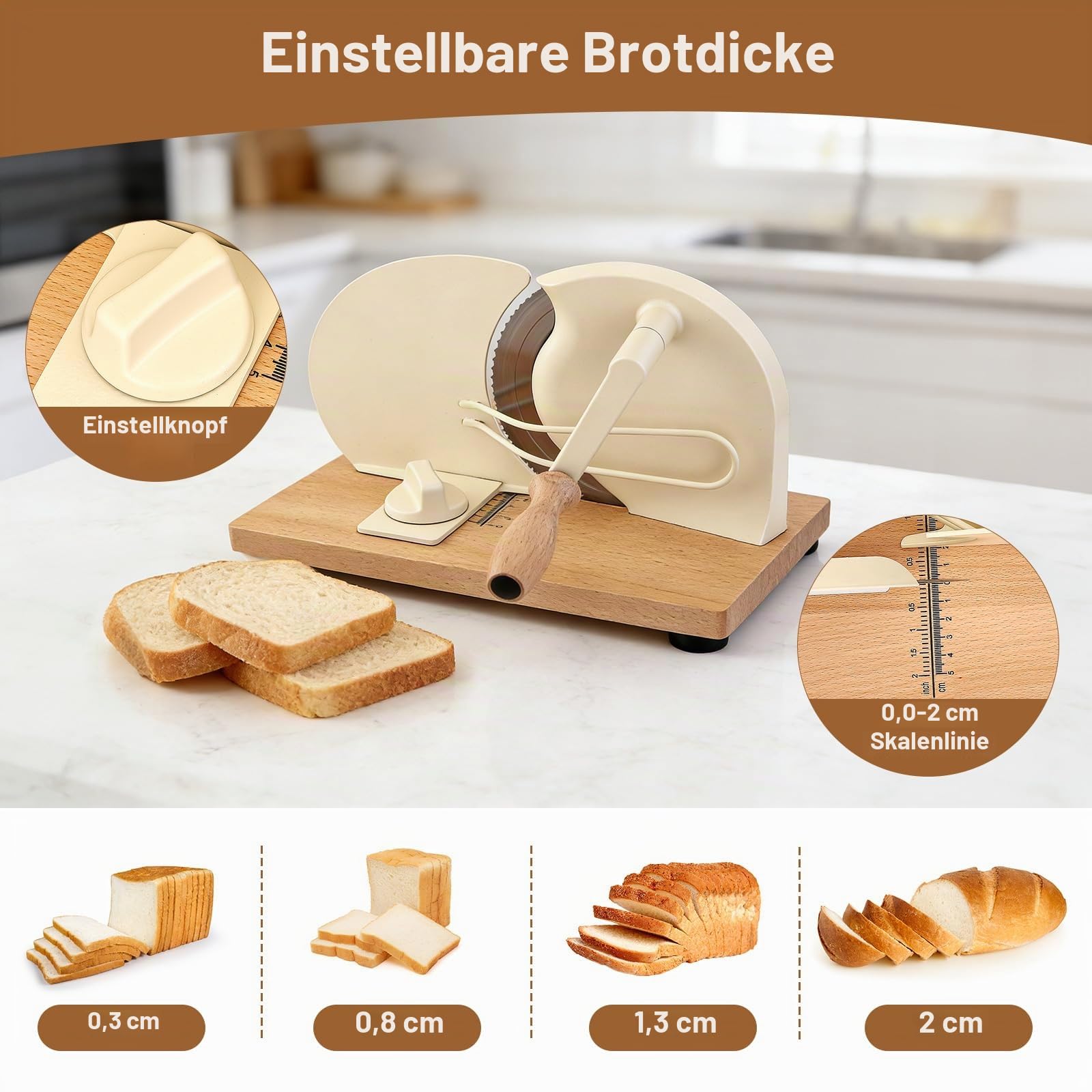 Brotschneidemaschine manuell mit Holzrahmen & Edelstahlklinge, Einstellbare Schnittstärke 0-2 cm, Ideal für Brot, Baguette & Brötchen, Hobel für gleichmäßige Scheiben