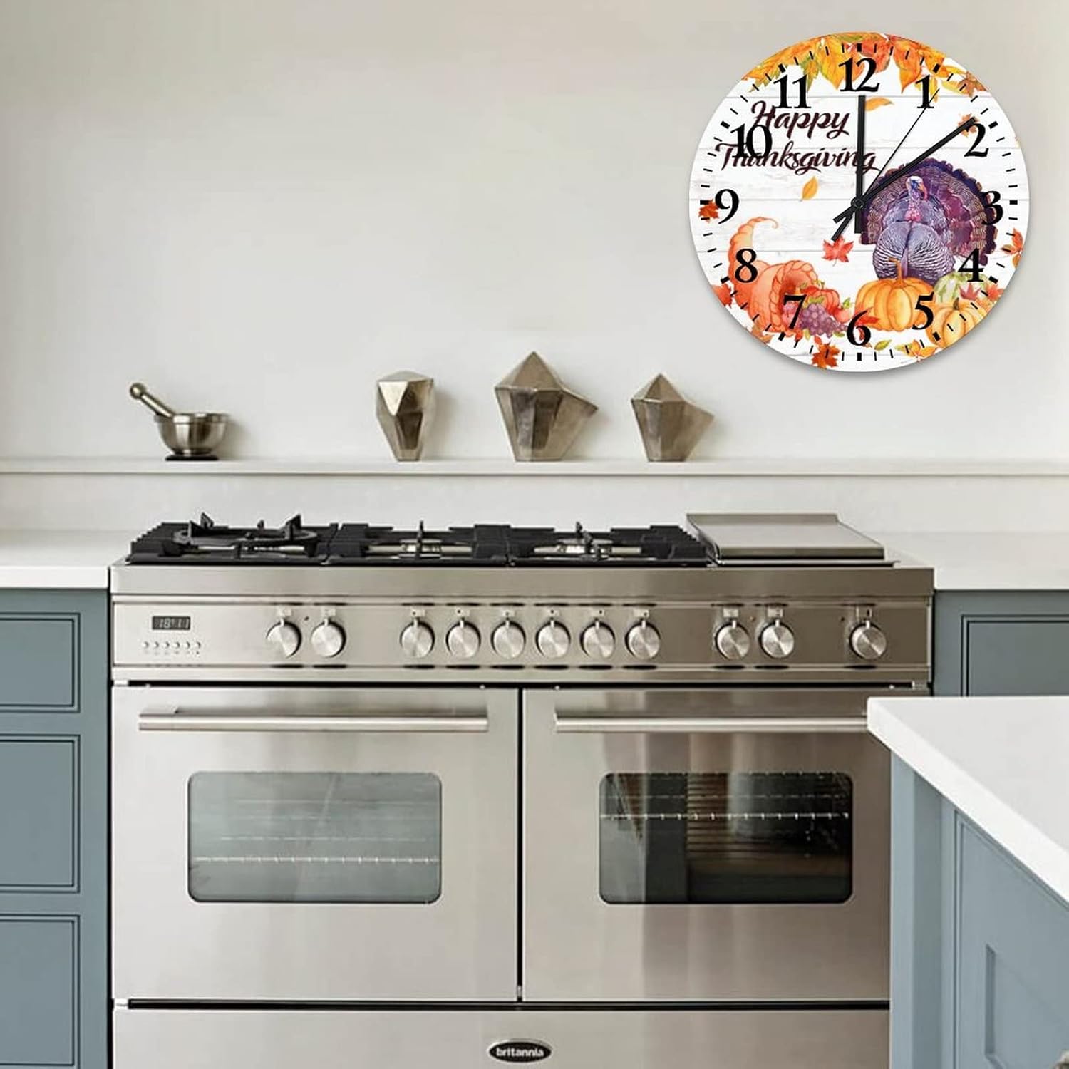 15 Inch Happy Thanksgiving Day Funny Turkey with Pumpkins Maple Leaves Clock Wooden Quality Quartz Non Ticking Seasonal Autumn Harvest Vintage Thanksgiving Wall Clock for Bedroom Round Clock