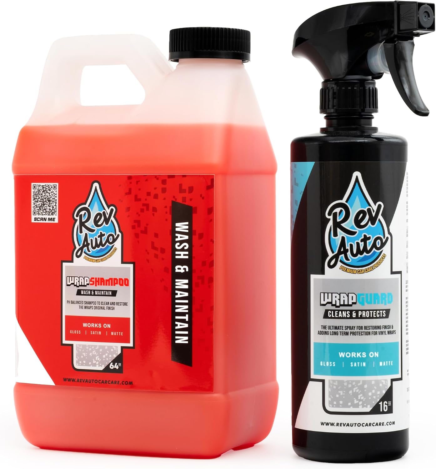 Rev Auto Vinyl Wrapped Car Wash Kit - Includes 16oz Wrap Guard & 64oz Wrap Shampoo - Cleans, Protects & Maximizes Life of All Vinyl Finishes Including Gloss, Matte, Satin & Chrome