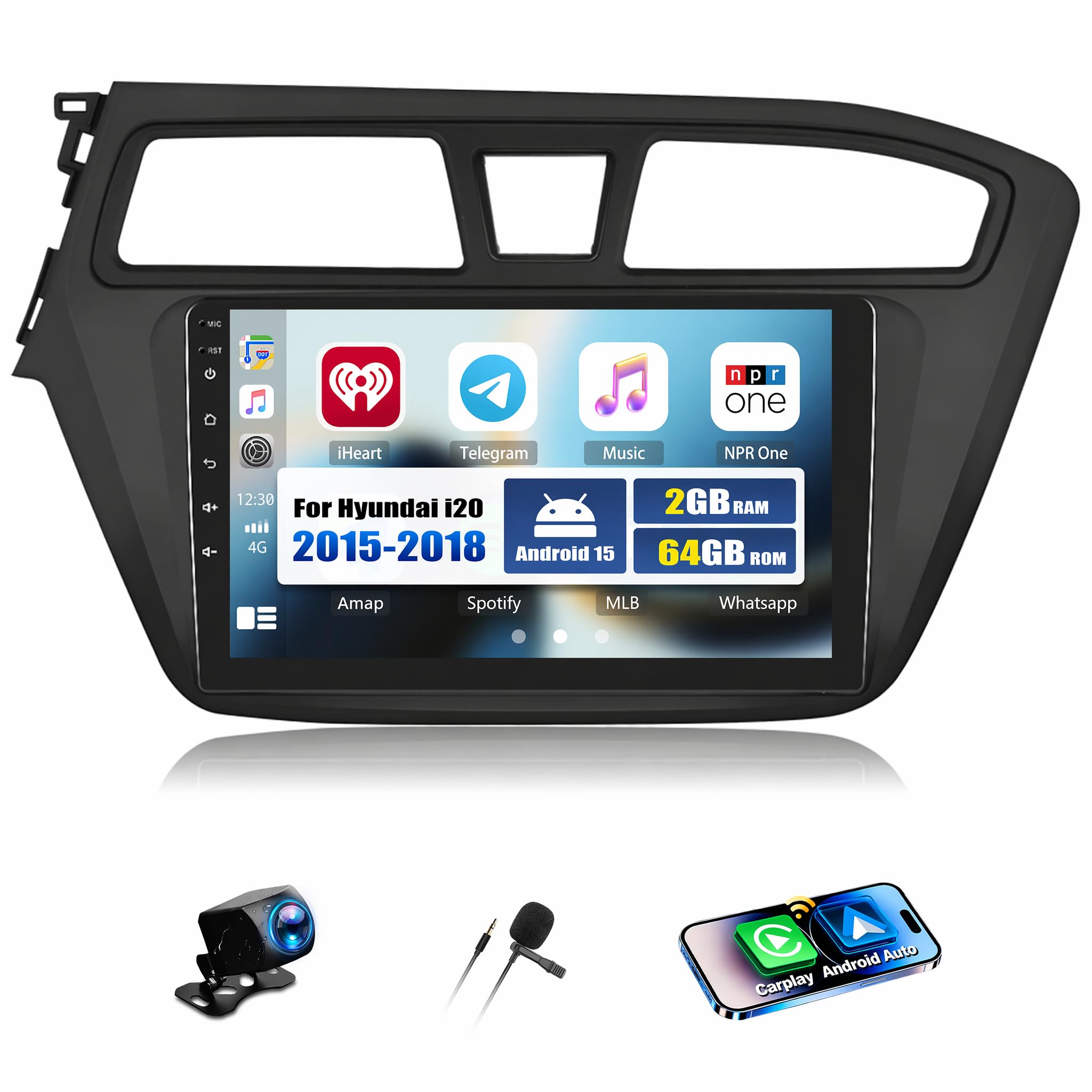 CAMECHO 2+64G Android 15 Autoradio para Hyundai i20 2015-2018 con Pantalla Táctil 9 Pulgadas con Cámara Trasera HD, RDS FM Radio Bluetooth con GPS WiFi Inalámbrico Carplay Android Auto Mirror Link