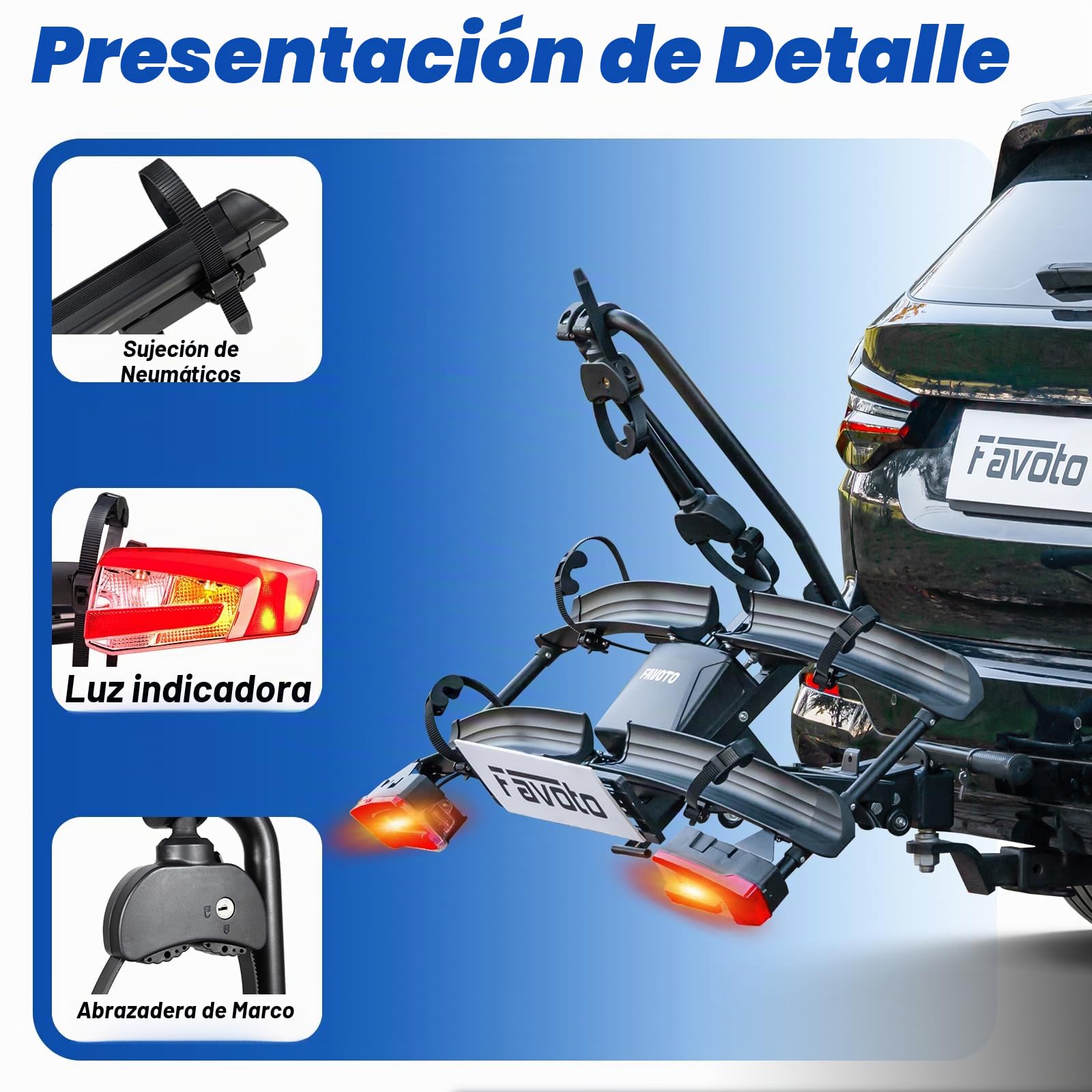 Favoto Portabicicletas E-Bike con Rampa Plegable – Soporte de Bola para 2 Bicis (60kg), Aluminio, Antirrobo, Luces 13 Pines y Soporte Matrícula