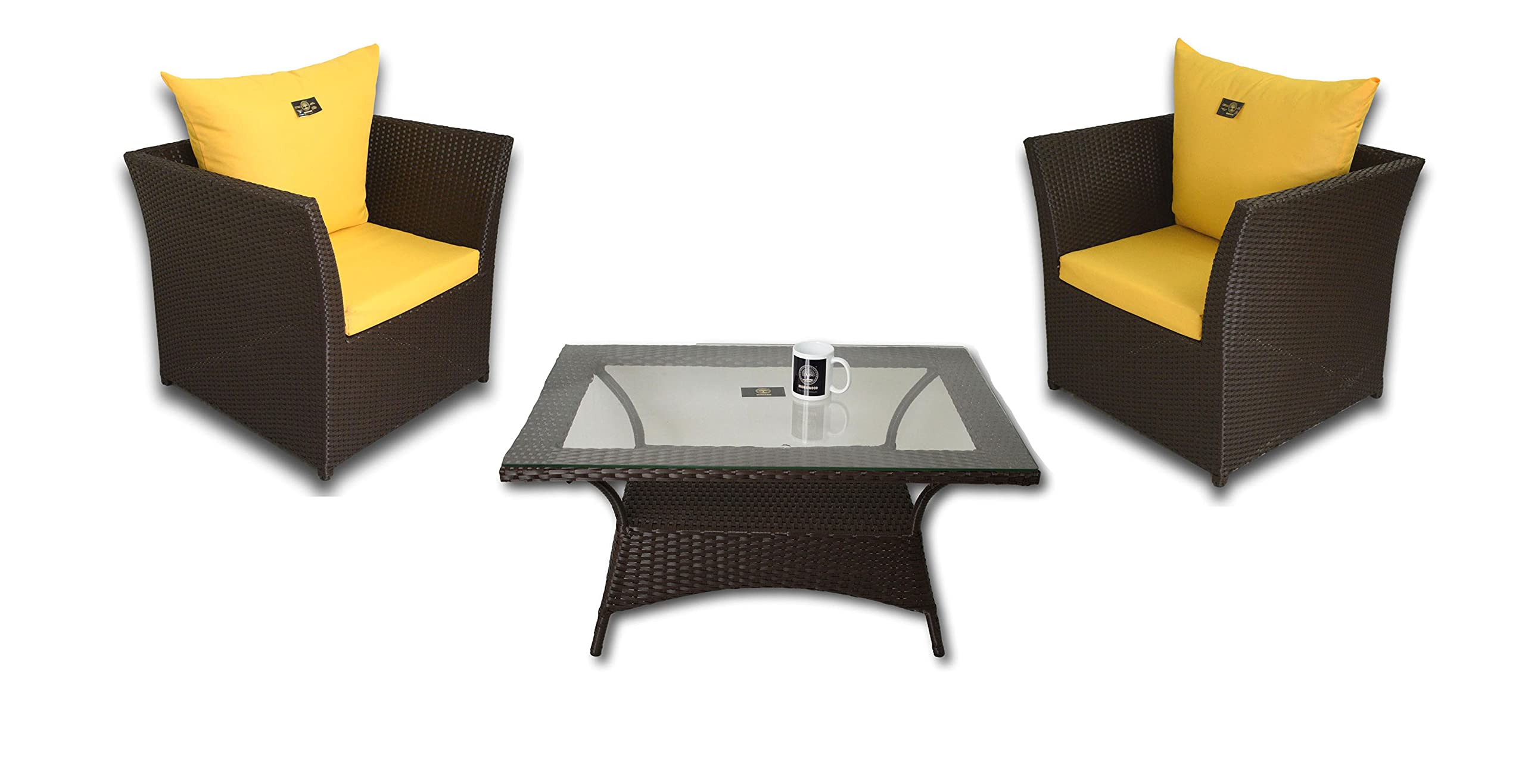 Brookwood - Outdoor Patio Set 2 Chairs with Yellow Cushion + 1 Table with Glass - Brown Color - Sunny