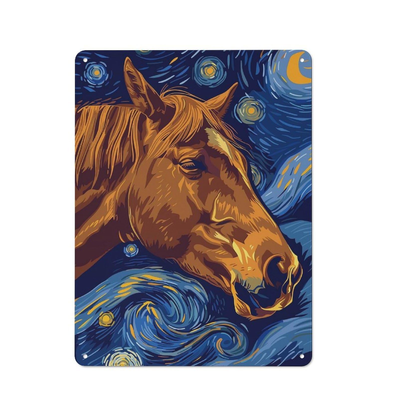 Junmoney Horse Portrait In Starry Night Style Metal Sign 40X30cm With For Pub Or Café, Retro Decor, For Cooler-Month Interiors With Retro Character