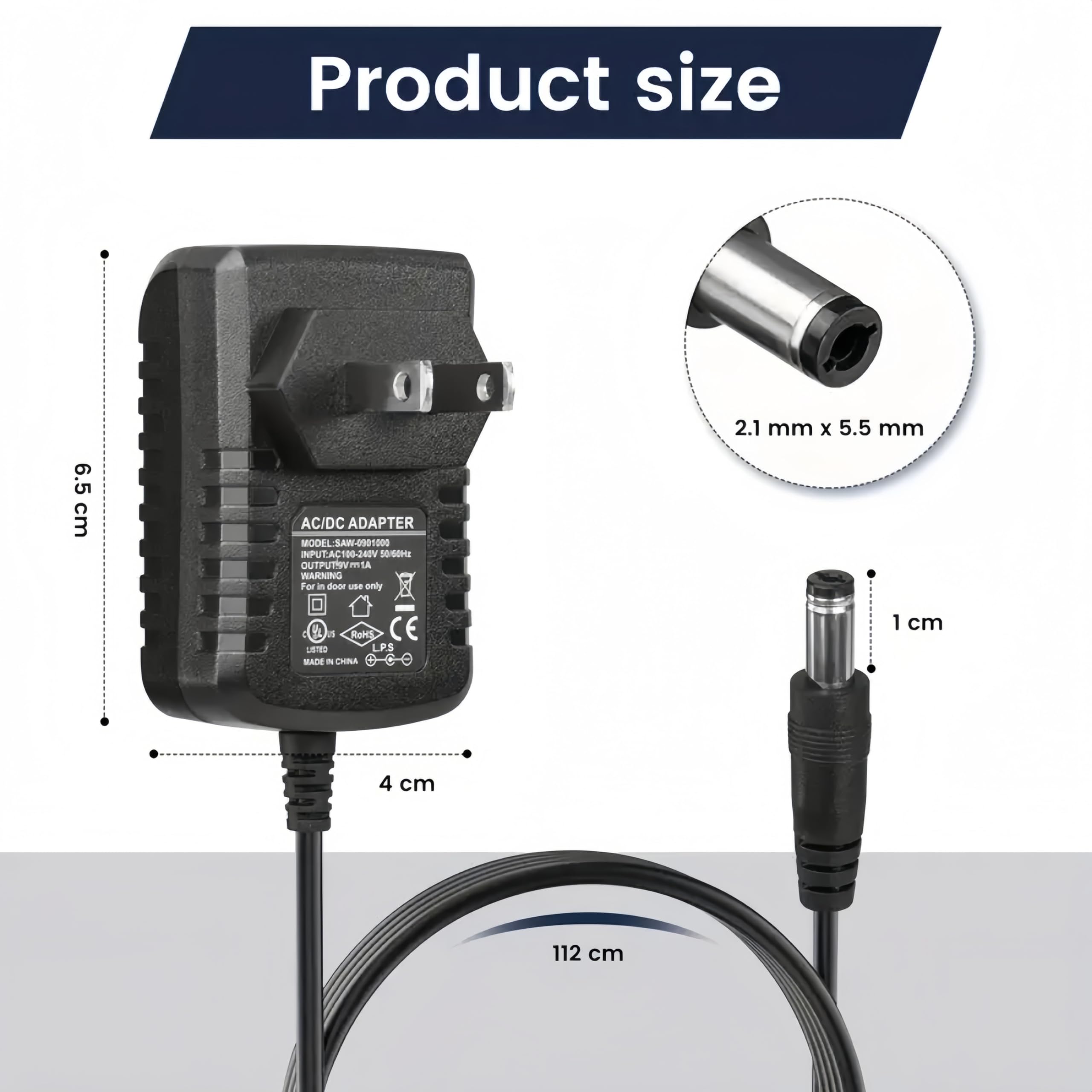 Adattatore per pedale alimentazione 9V DC 1A 1000mA Centro negativo per pedale effetto chitarra, strumento musicale, tastiera
