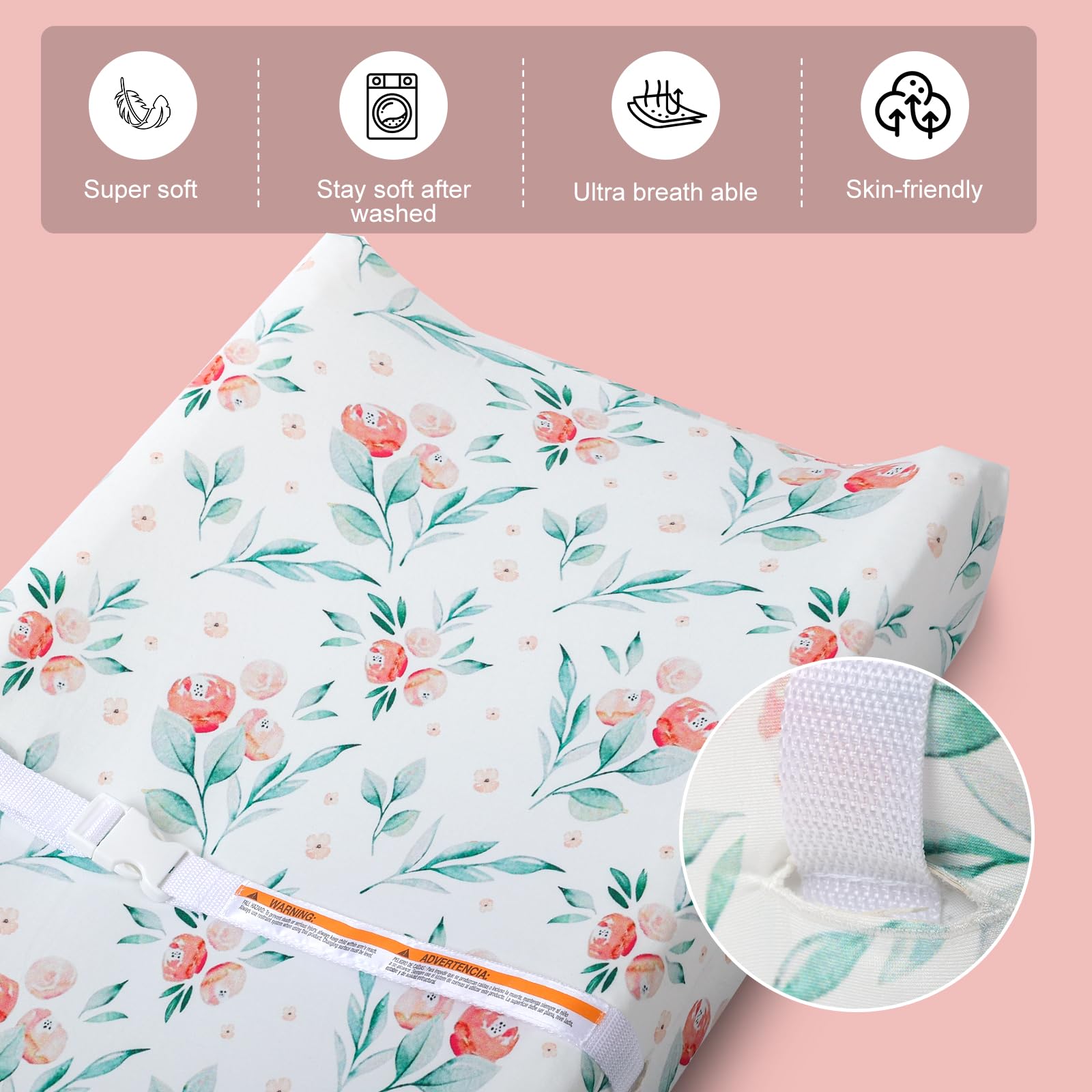Funda elástica para cambiador de bebé, paquete de 2 unidades, suave, cómoda y segura (flor rosa)