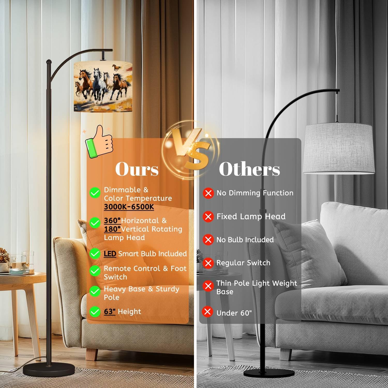 Arc Floor Lamp Western Desert House Animals Boho Wild Horses Flowing Manes Grass Dimmable Modern Standing Lamp with Remote Adjustable Drum Shade Footswitch Tall Pole Lamp for Living Room Bedroom